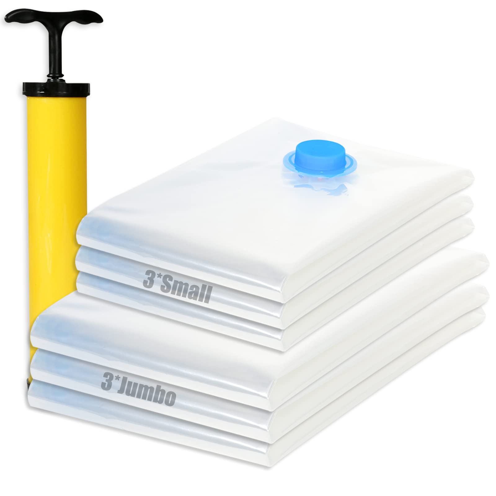 IBEQUEM 6 Pack Vacuum Compression Storage Bags with Hand Pump - Reusable Space Saver Bags for Travel, Clothes, Blankets & Bedding (3 Jumbo + 3 Small) | Perfect for Seasonal Storage & Space Saving in Closets, Suitcases & Dorm Rooms