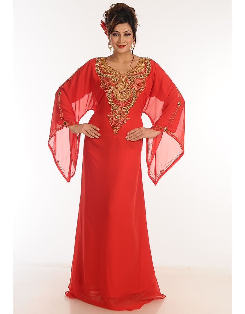 Elegant Arabic Red Georgette Galabiya with Hand Zari Embroidery - Perfect for Weddings, Parties & Special Occasions