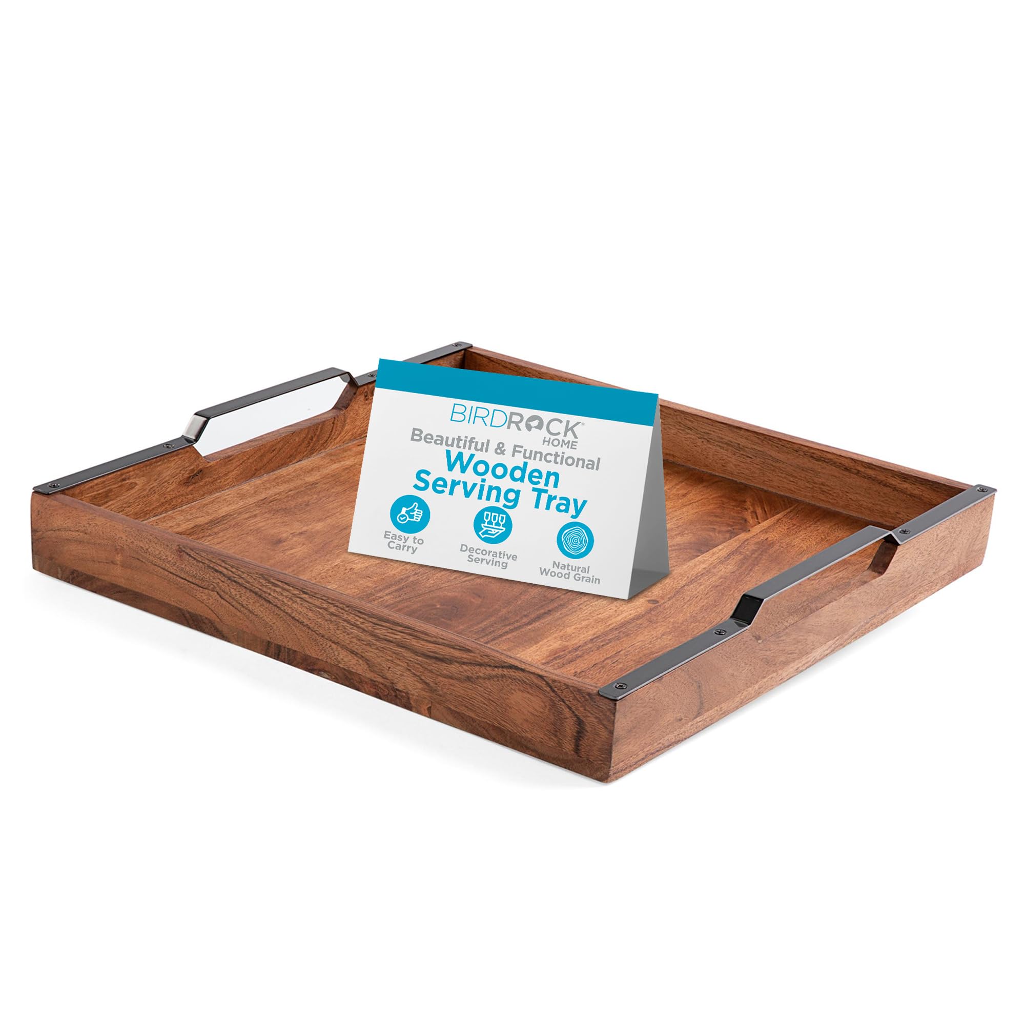 BIRDROCK HOME Acacia Wood Serving Tray with Handles - Farmhouse Style Square Wooden Tray for Breakfast, Tea, Cheese & Coffee - Natural Kitchen & Bar Decor - Perfect for Dining, Entertaining & Home Decor