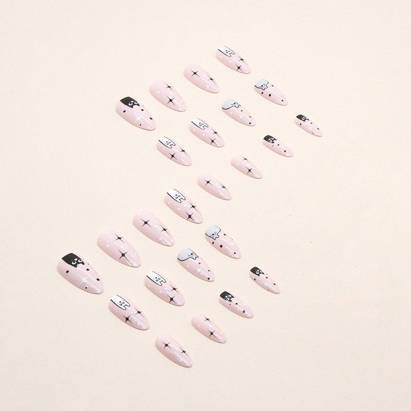 2024 Trendy Cute Cat Print Press-On Nails - Almond Shape Full Cover Fake Nails, Cartoon Pink Acrylic Nail Tips for Women & Girls | Perfect for Parties, Date Nights & Everyday Wear