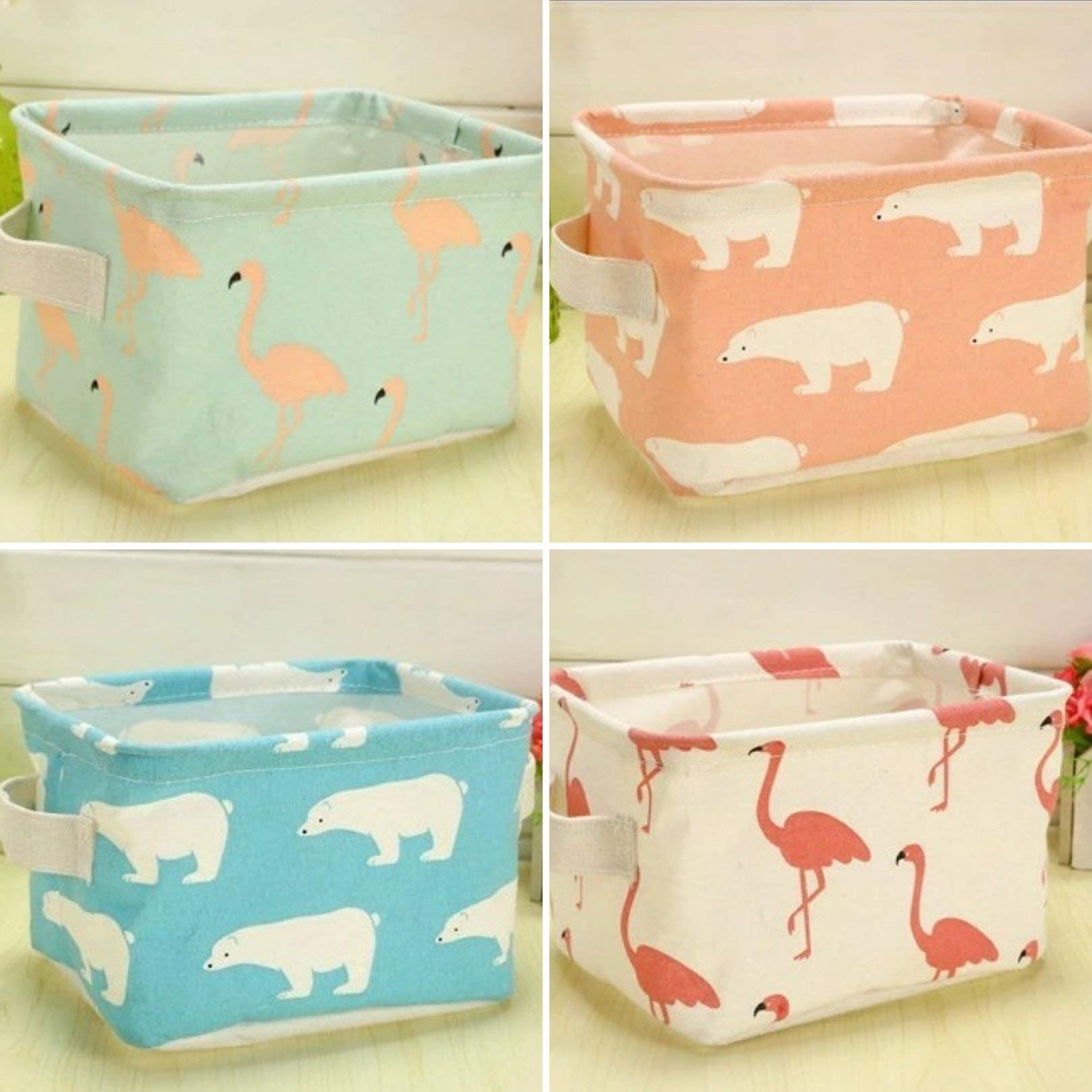 4 Pack Foldable Canvas Storage Baskets - Baby Toys & Makeup Organizer with Handles for Books & Keys - Flamingo & Bear Pattern - Perfect for Nursery, Bathroom & Home Organization