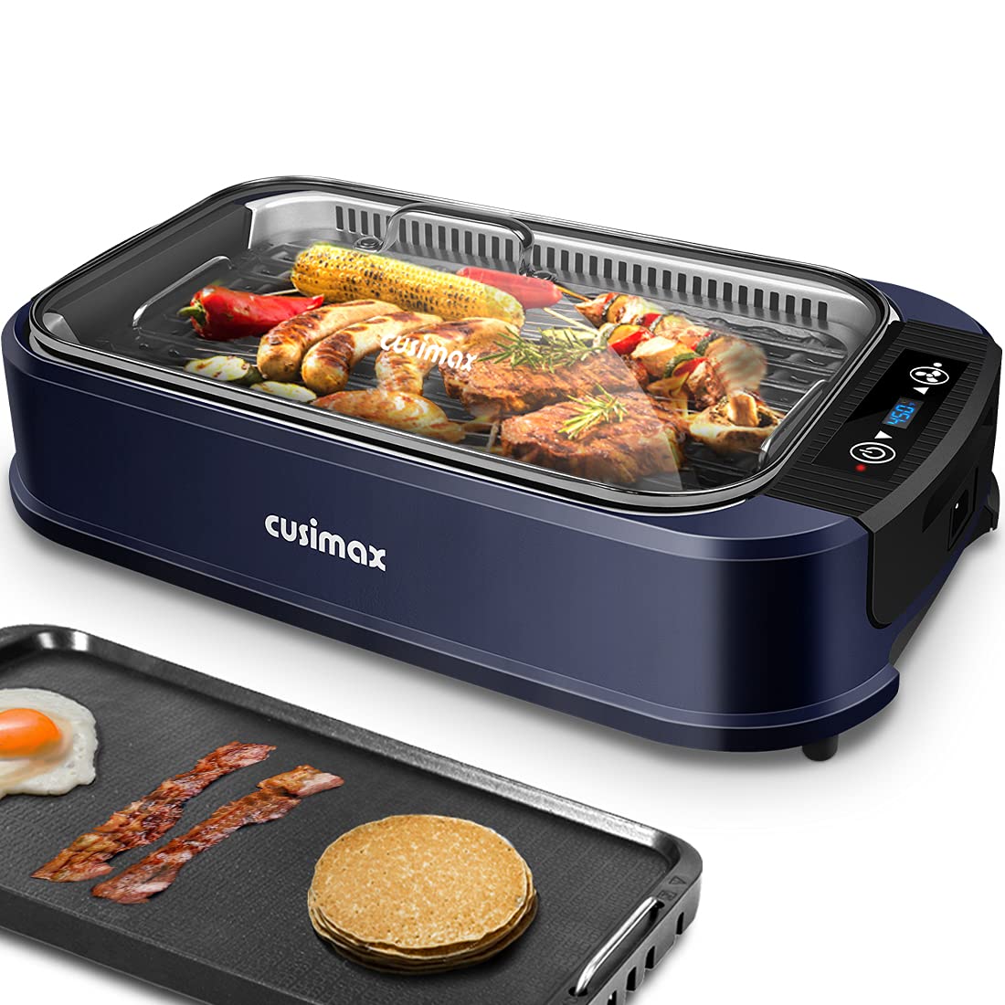 CUSIMAX Electric Indoor Grill - Smokeless Korean BBQ Grill with Turbo Smoke Extractor, Non-Stick Removable Double Plates (Griddle & Grill) for Home Cooking, Camping & Small Spaces