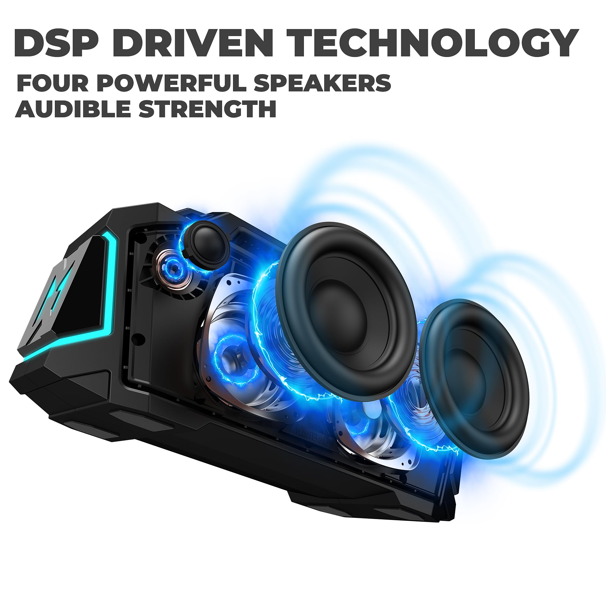 MUSIBABY M1 80W Bluetooth Speaker - IPX6 Waterproof, 20H Playtime, Deep Bass, Wireless Portable Speaker with Dual Pairing & AUX Input - Compatible with iPhone/Android (Black) - Perfect for Outdoor, Party, Camping, Beach & Travel Use