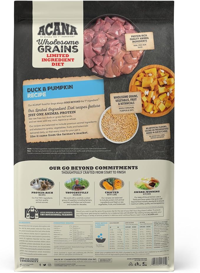 Acana Singles Wholesome Grains Dry Dog Food - Duck & Pumpkin Recipe - Grain-Inclusive Nutrition for Adult Dogs - Perfect for Sensitive Stomachs & Allergies - Ideal for Home Feeding & Training Treats