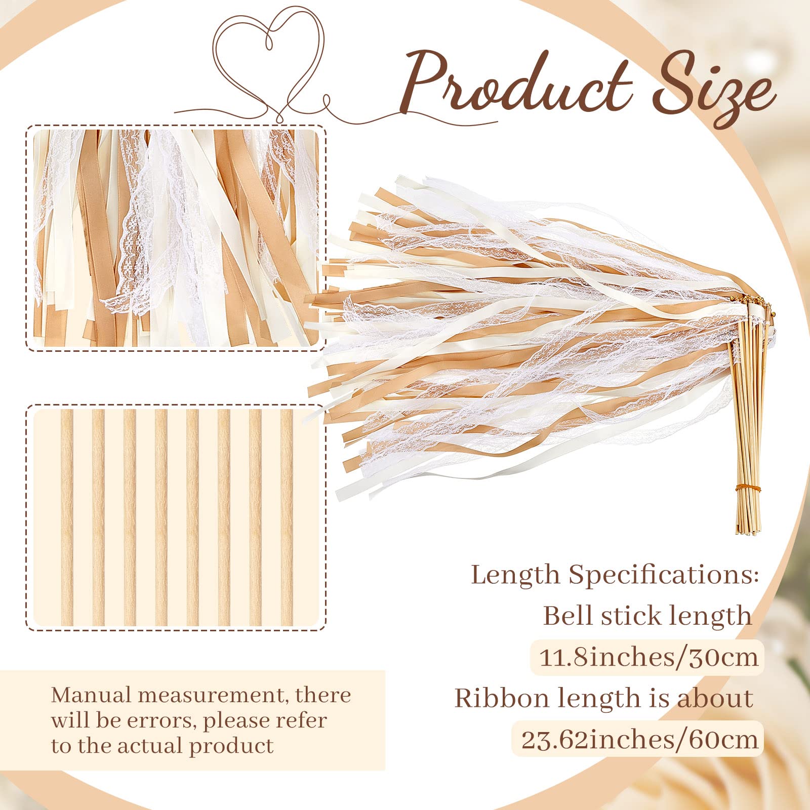 150 Pcs Lace Ribbon Wedding Wands with Bells - Champagne Beige Silk Streamers for Wedding Send Off, Baby Shower, Holiday Party Favors & Fairy Themed Celebrations - Perfect for Outdoor Ceremonies, Bridal Showers & Birthday Decorations
