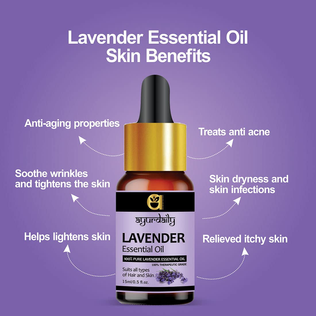 Ayurdaily 100% Pure Lavender Essential Oil - Natural, Undiluted for Hair, Skin & Face Care - 15ml - Perfect for Aromatherapy, Massage & Relaxation