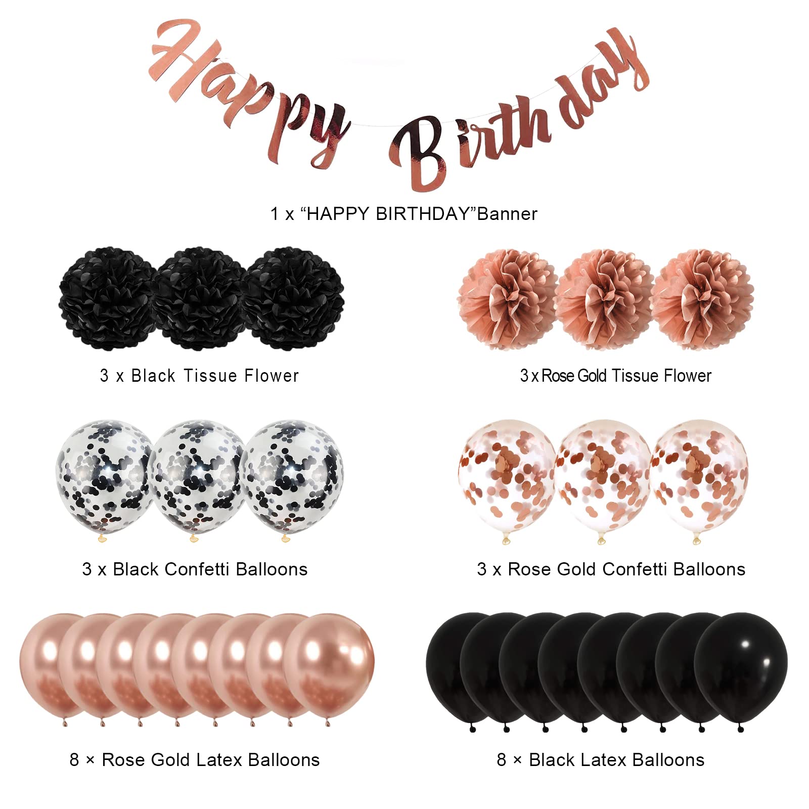 Elegant Rose Gold & Black Birthday Party Decorations Set - Happy Birthday Balloon Banner, Tissue Flowers & Balloons for 16th, 18th, 21st, 30th, 50th, 60th Birthday Celebrations - Perfect for Women & Girls' Milestone Parties, Baby Showers & Anniversary Events