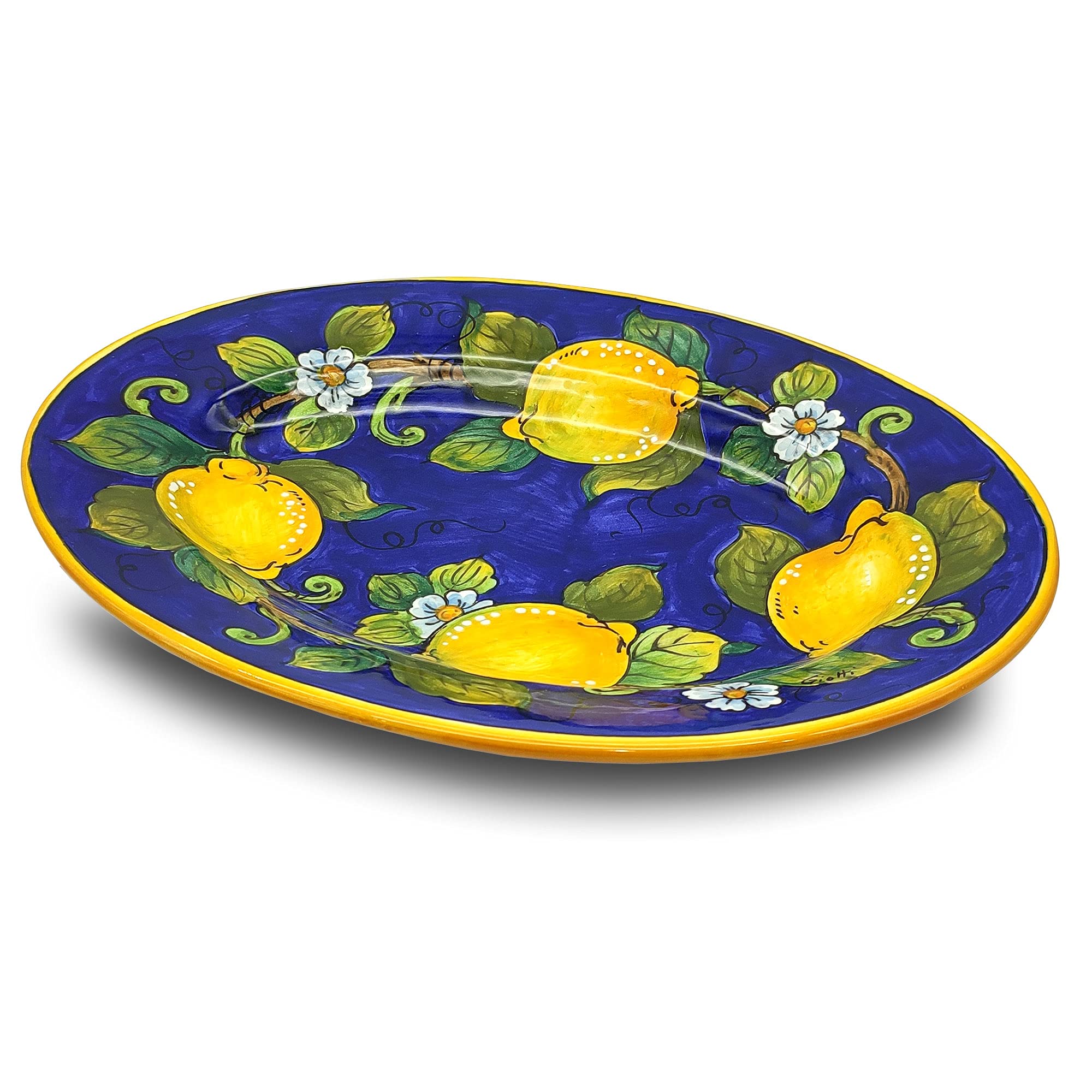 Italian Hand-Painted Large Oval Ceramic Tray - Tuscan Style Kitchen Serving Platter for Meat, Salad & Appetizers - Blue Lemon Design Dinnerware - Authentic Made in Italy Pottery for Dining & Entertaining