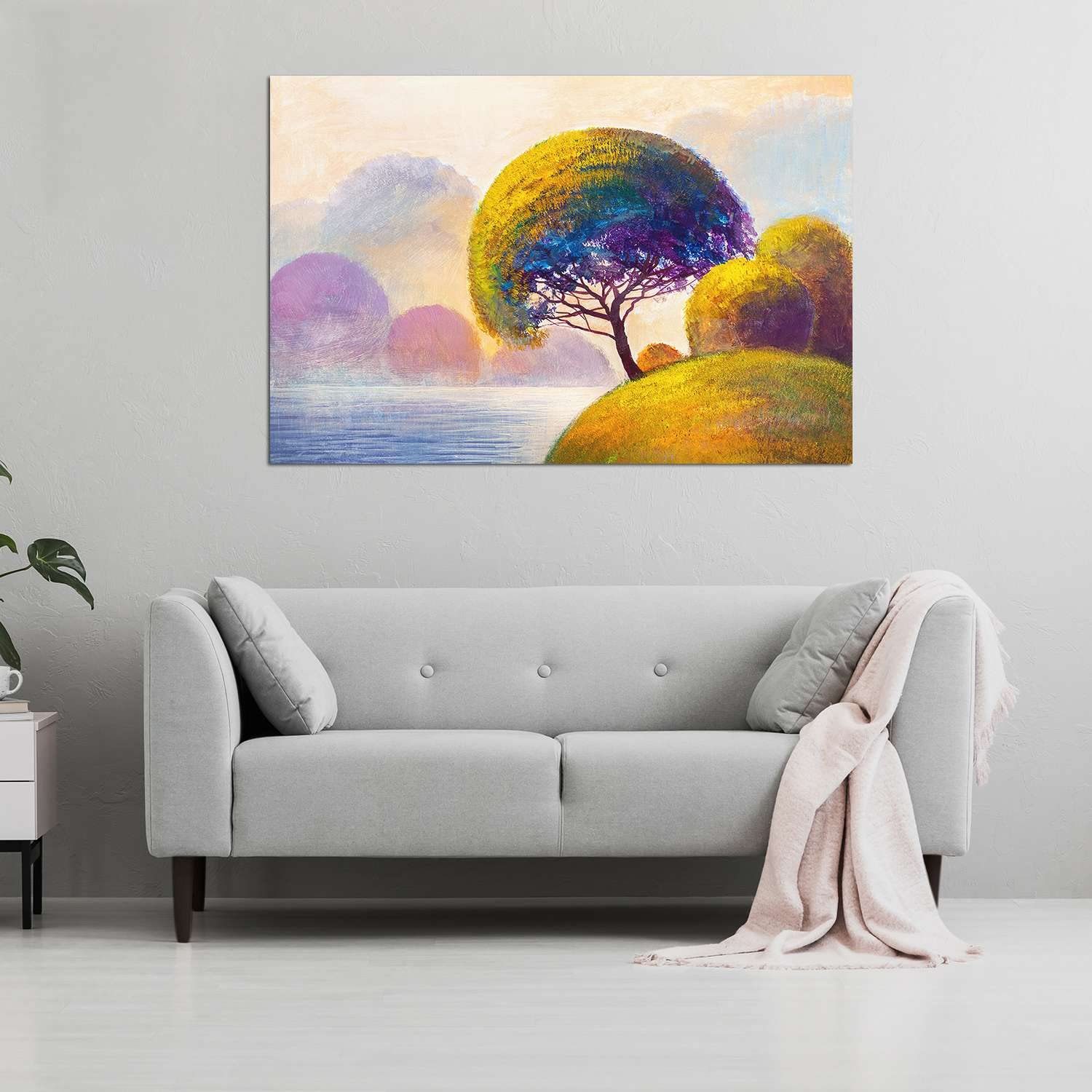 Modern Canvas Wall Art - Green Trees & Water Landscape Painting Stretched Print - Ready to Hang Home Decor for Bedroom, Living Room or Office - Unique Luminous Artwork 32x48 Inches - Perfect for Nature-Themed Interior Design & Relaxing Home Atmosphere