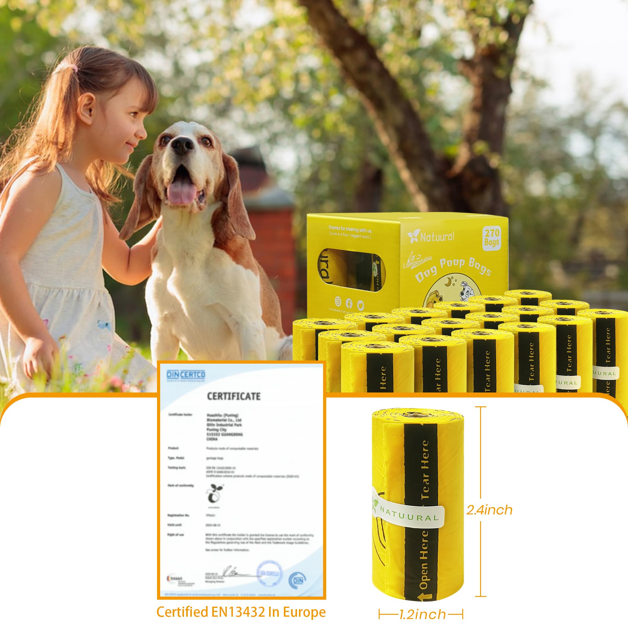 Certified Compostable Dog Poop Bags - 270 Count (18 Rolls) | Cornstarch-Based, Eco-Friendly & Durable | Unscented Yellow Waste Bags for Dogs | Perfect for Park Walks, Backyard Cleanup & Travel Use