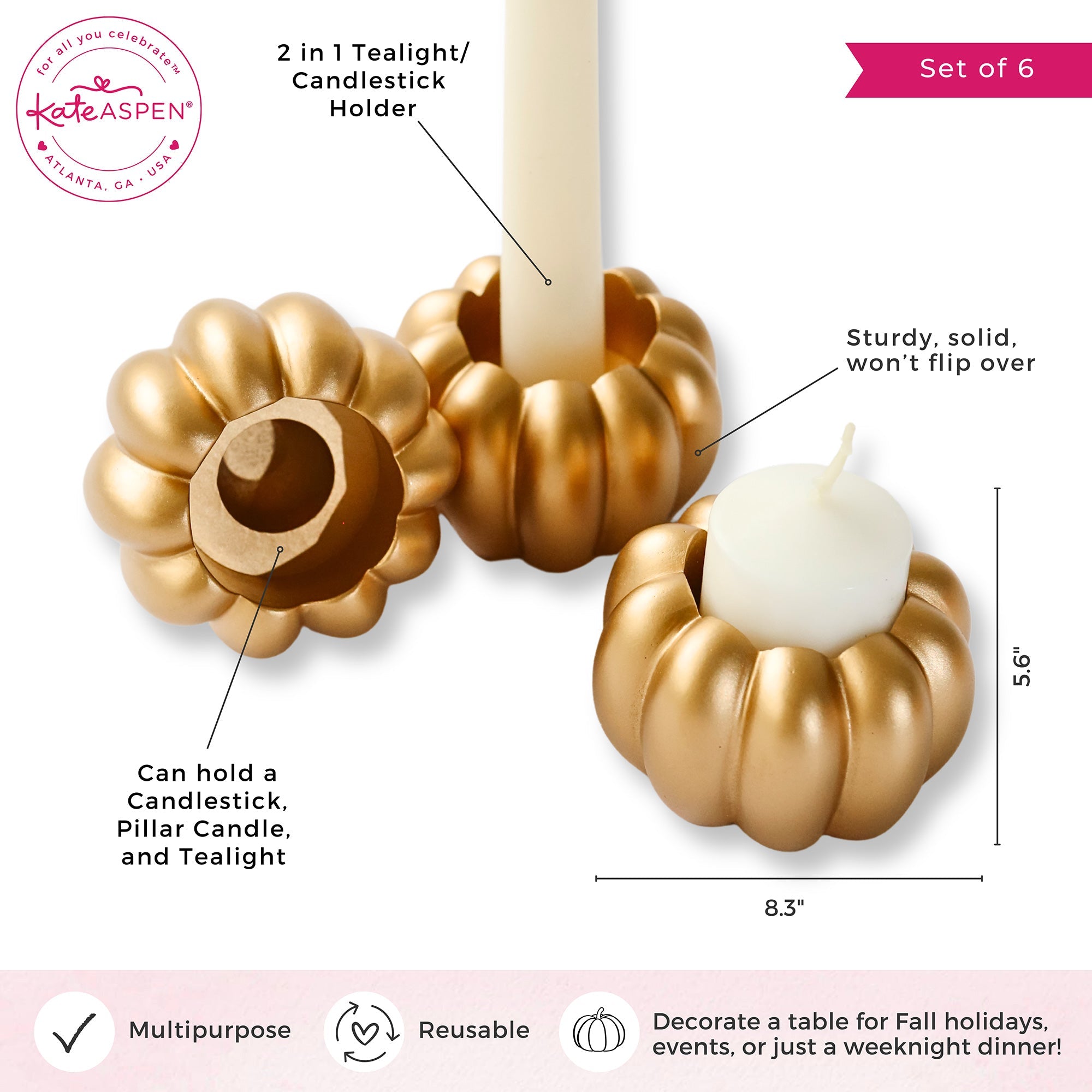 2 in 1 Pumpkin Tealight and Candlestick Holder Set of 6 - Gold Halloween Thanksgiving Fall Home Decor for Table Centerpiece, Mantel, and Party Decorations