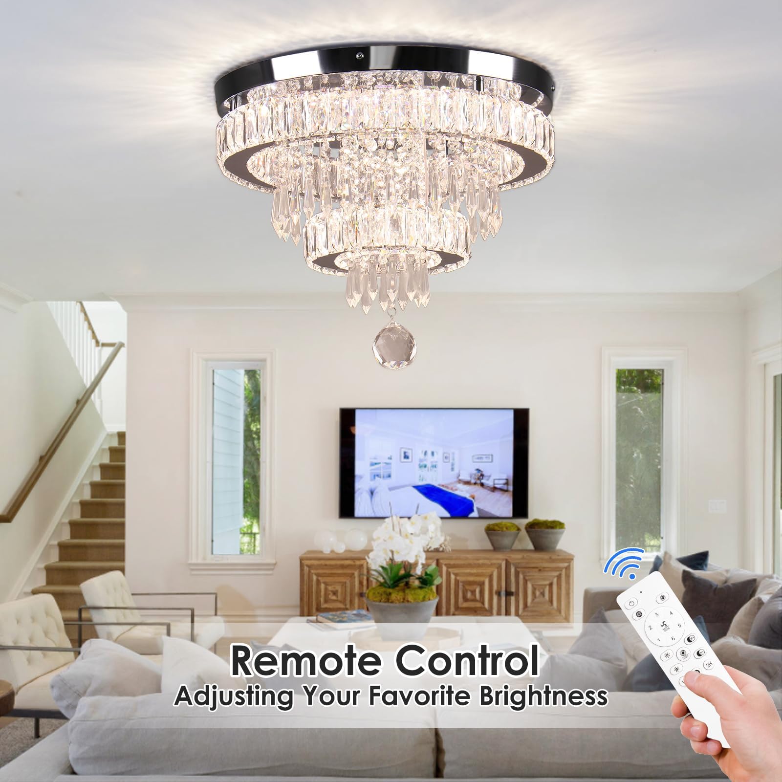 Modern Crystal Chandelier Flush Mount Ceiling Light - 16 Inch Dimmable LED Lighting Fixture with Remote Control for Bedroom, Dining Room, Living Room - Elegant Home Decor & Wedding Venue Lighting