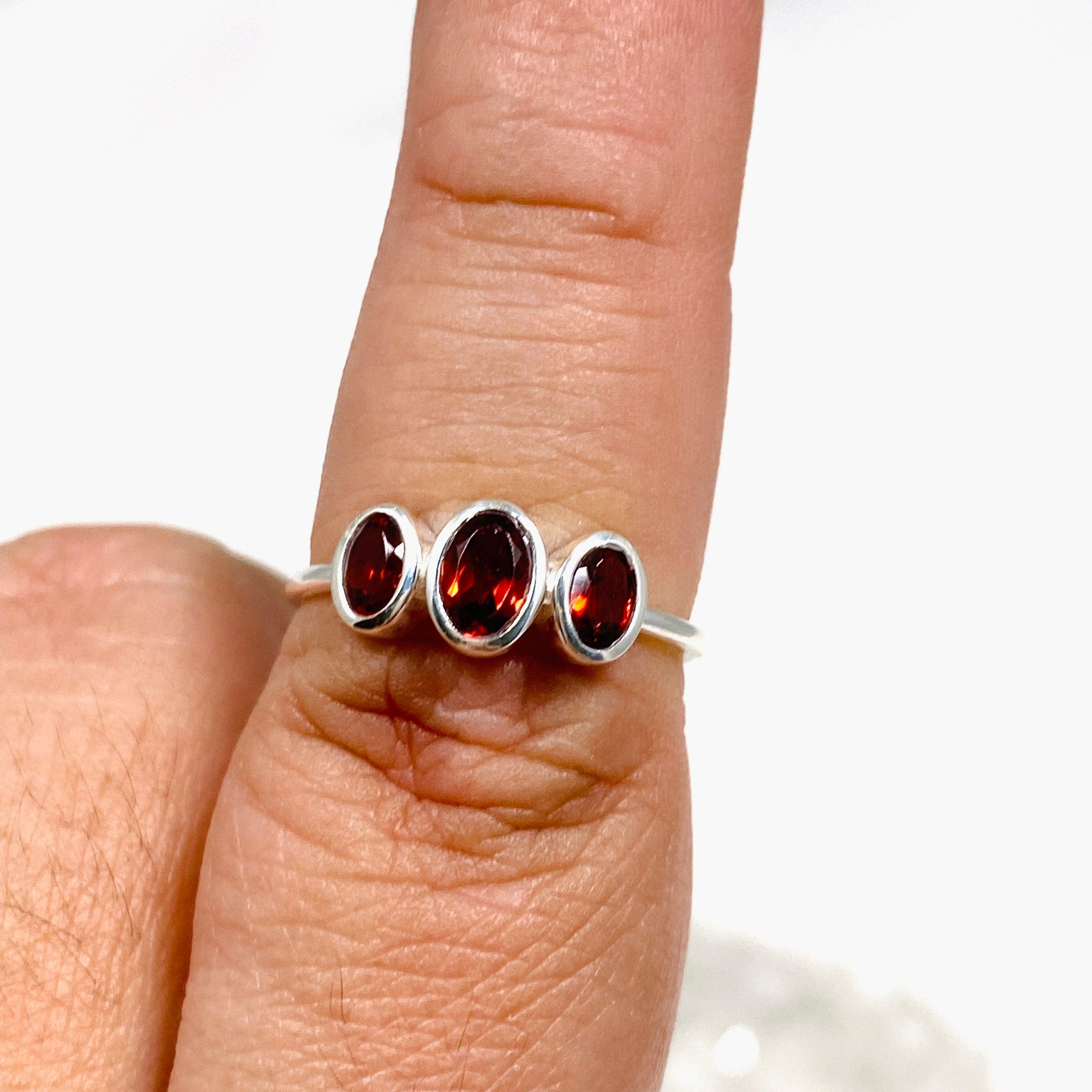 Garnet Triple Stone Faceted Ring R3956 | Genuine Garnet Jewelry for Women | Perfect for Weddings, Anniversaries & Gift Giving