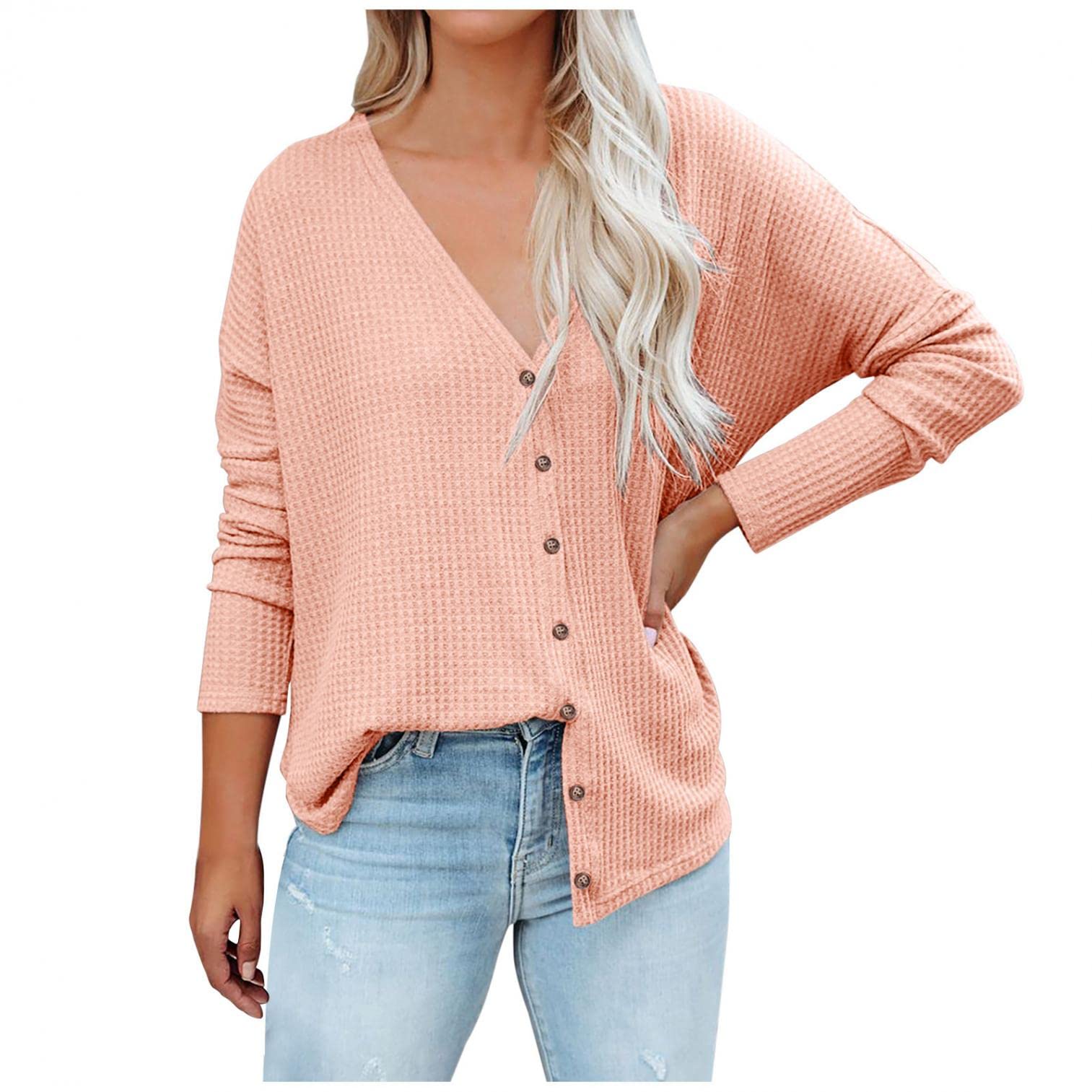 Women's Long Sleeve Henley V-Neck Blouse - Fall Casual Button Down Waffle Knit Top - Solid Color Basic Shirt for Work, Weekend & Layering