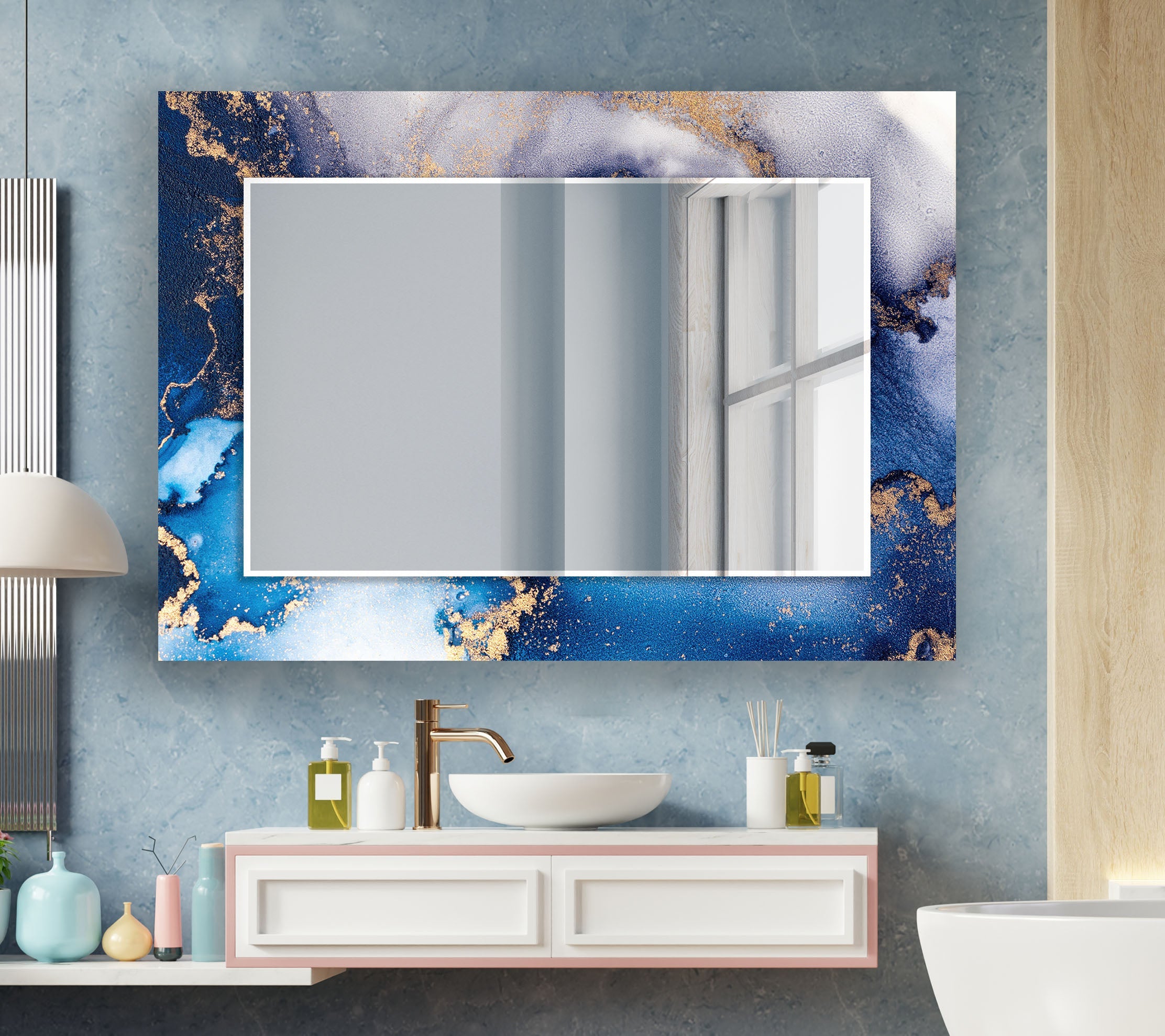 Stylish Blue Round Wall Mirror - Decorative Home Decor for Living Room, Bedroom & Bathroom - Perfect for Vanity, Entryway & Interior Design