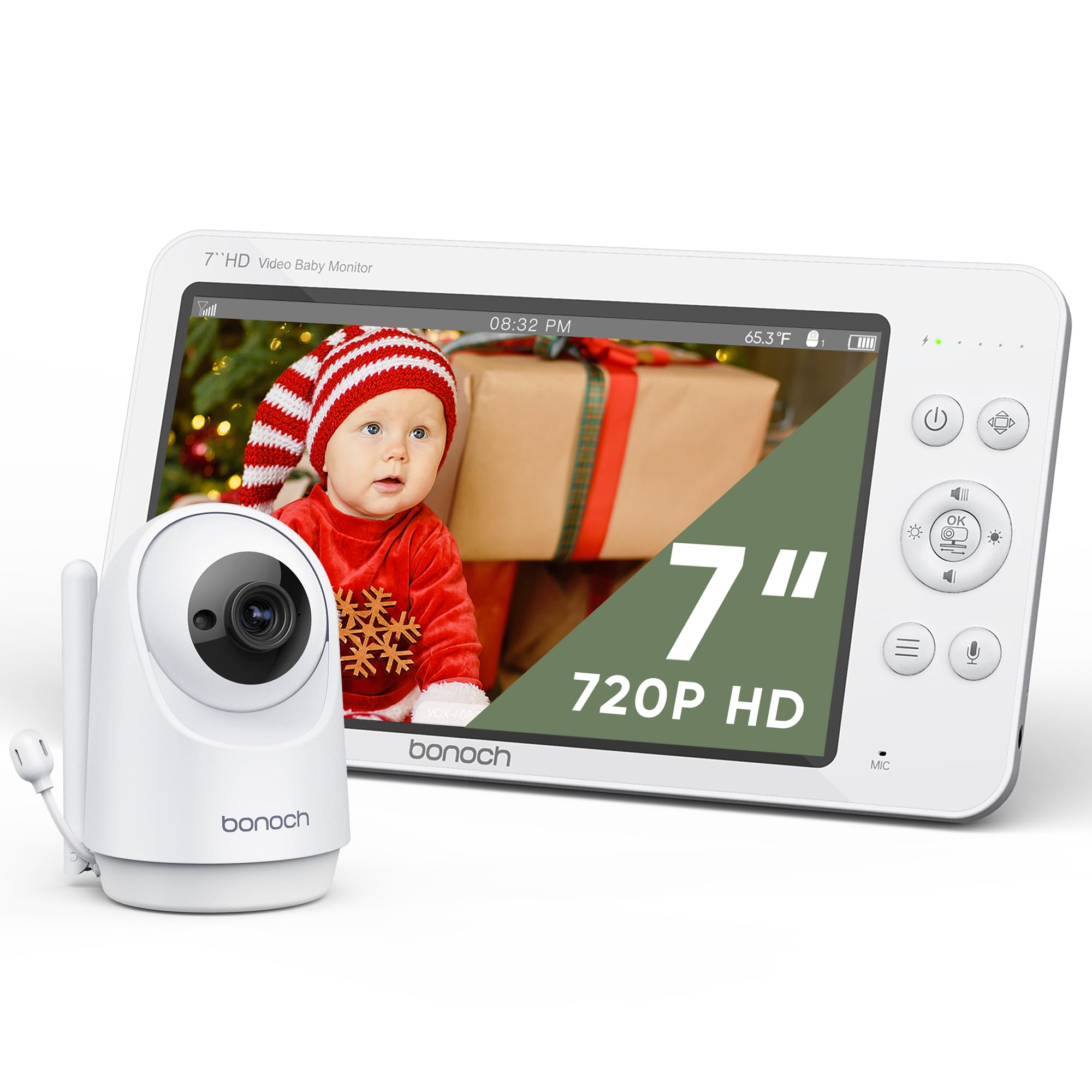 Bonoch 7 Inch Baby Monitor with Camera - 720P HD Video, 6000mAh Battery, Night Vision, 2-Way Audio, Remote PTZ, VOX Mode, Temp Sensor & 8 Lullabies | Ideal for Nursery, Bedroom & Travel Baby Monitoring