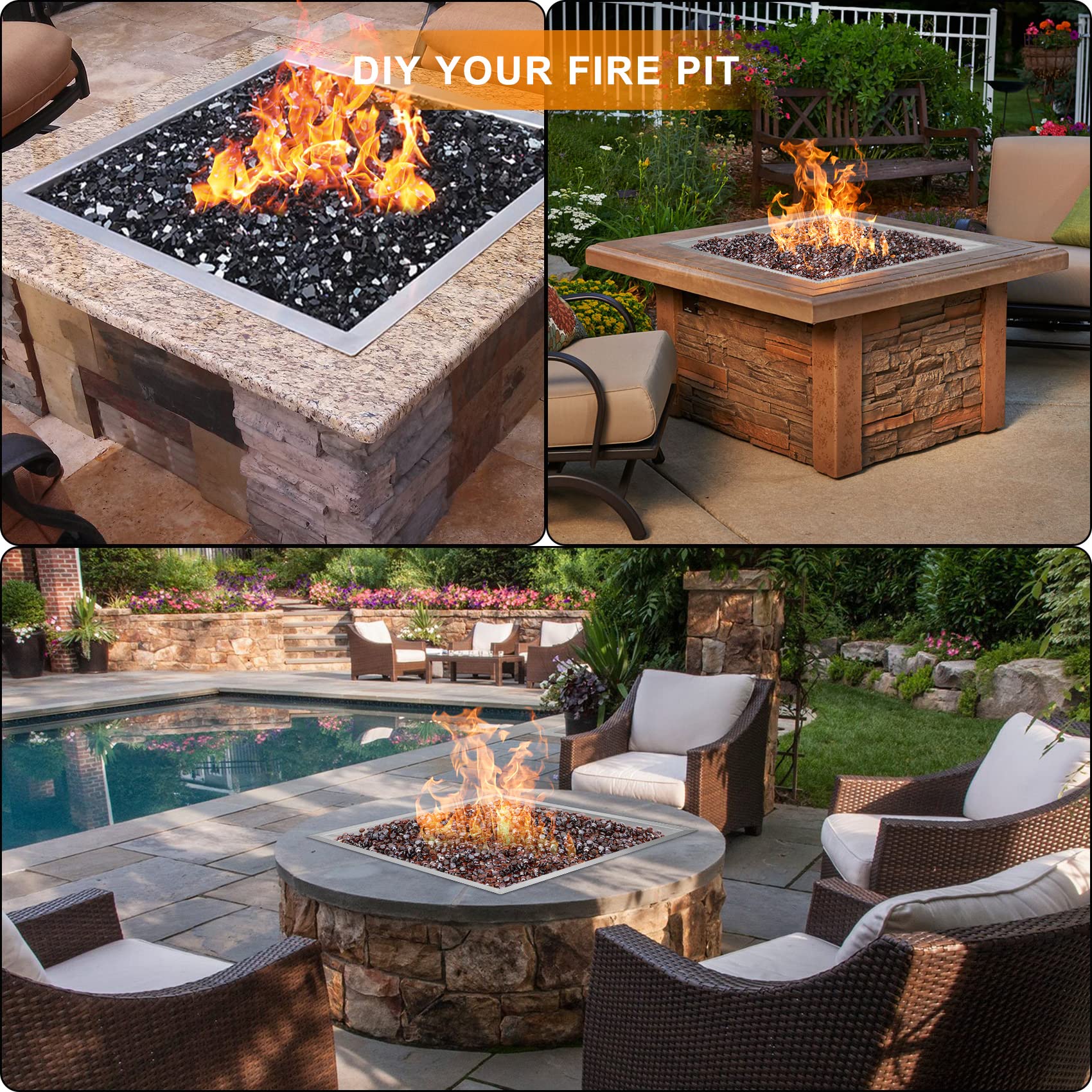 OnlyFire 36 Inch Stainless Steel Square Propane Fire Pit Burner with Pan - DIY Outdoor Fireplace for Backyard, Patio, Garden & Camping - Heavy Duty Gas Fire Pit Kit for Decoration & Warmth