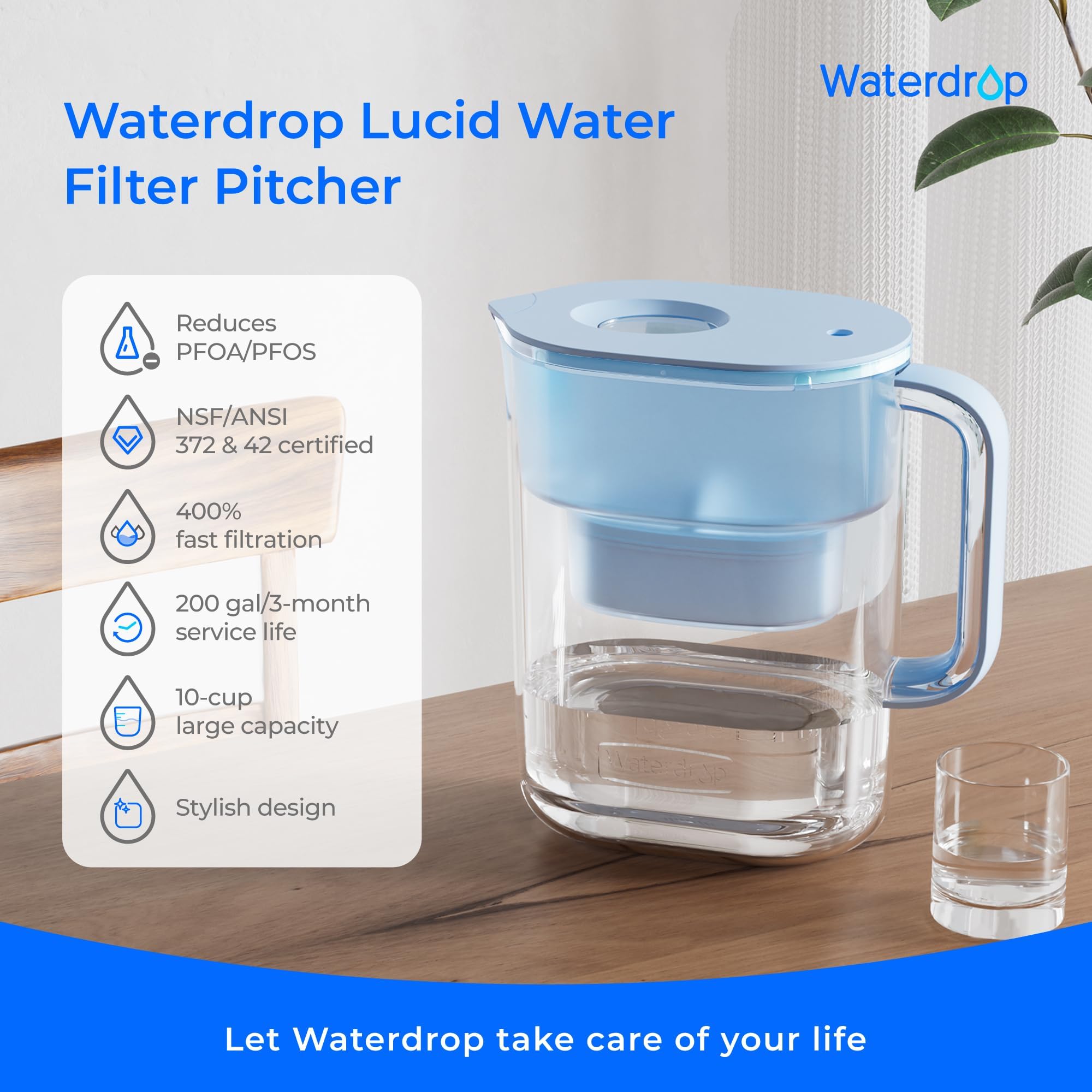 Premium Waterdrop Water Filter Pitcher with 1 Filter - 200-Gallon Capacity, 10-Cup Large NSF Certified Pitcher - Reduces PFOA, PFOS, Chlorine & Impurities - Perfect for Home, Office & Kitchen Use - Blue