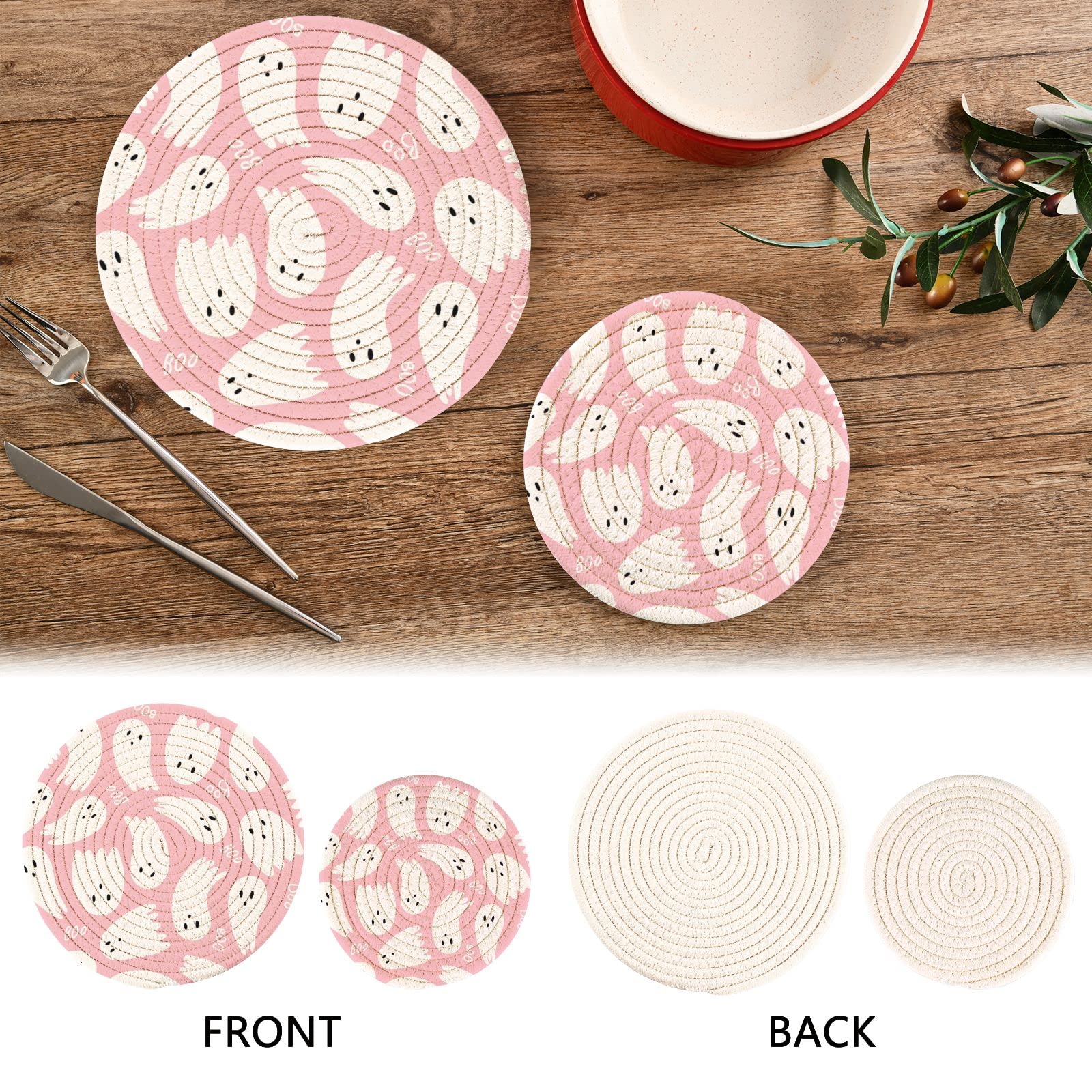 Halloween Ghost Cute Pot Holders Set of 2 - Heat Resistant Kitchen Trivets for Hot Pans, Pots & Bowls - Boo Pink Cotton Woven Hot Pads - Perfect for Halloween Decor & Kitchen Protection