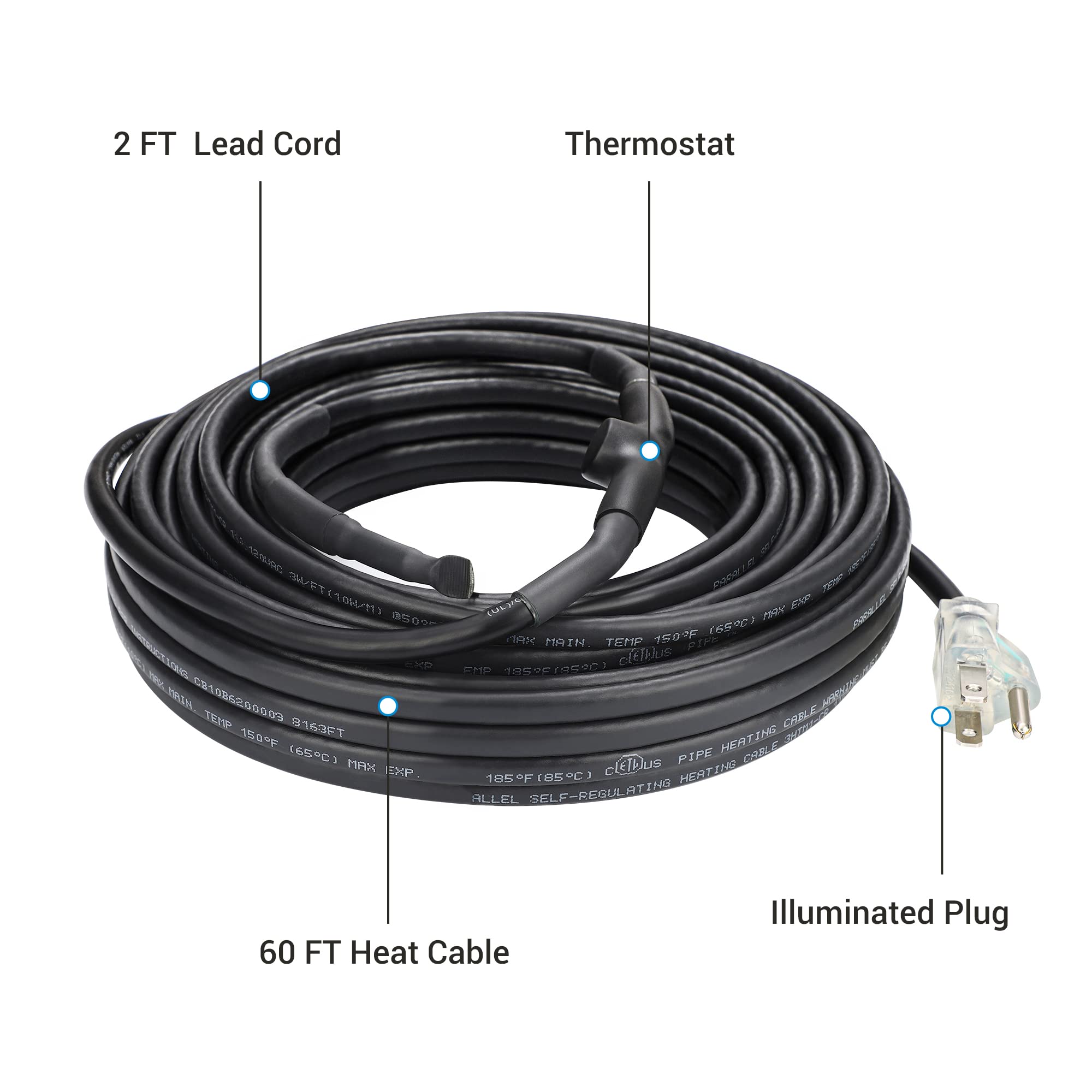 DEWENWILS 60FT Self-Regulating Heating Cable for Pipe Freeze Protection - Automatic Electric Heat Kit, 120V, ETL Certified - Ideal for Outdoor Water Pipes, Roof Gutters, and RV Plumbing in Winter
