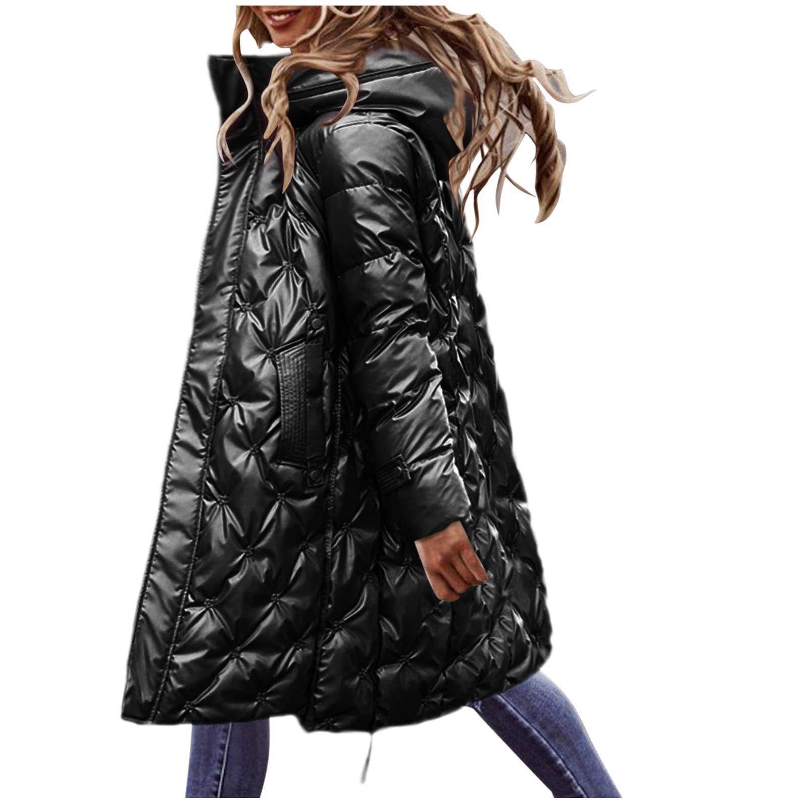 Women's Black Mid-Length Padded Down Jacket with Hood - Warm Winter Coat for Outdoor Activities, Travel & Casual Wear