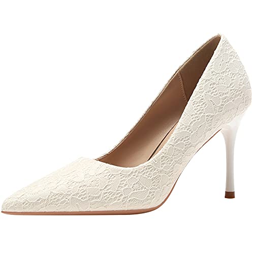 GHKJ Women's Fashion Lace Pointed Toe High Heels 3.5 Inch Stiletto Pumps - Elegant Wedding Party Shoes for Brides, Prom, Evening Dresses & Special Occasions (White, Size 39)