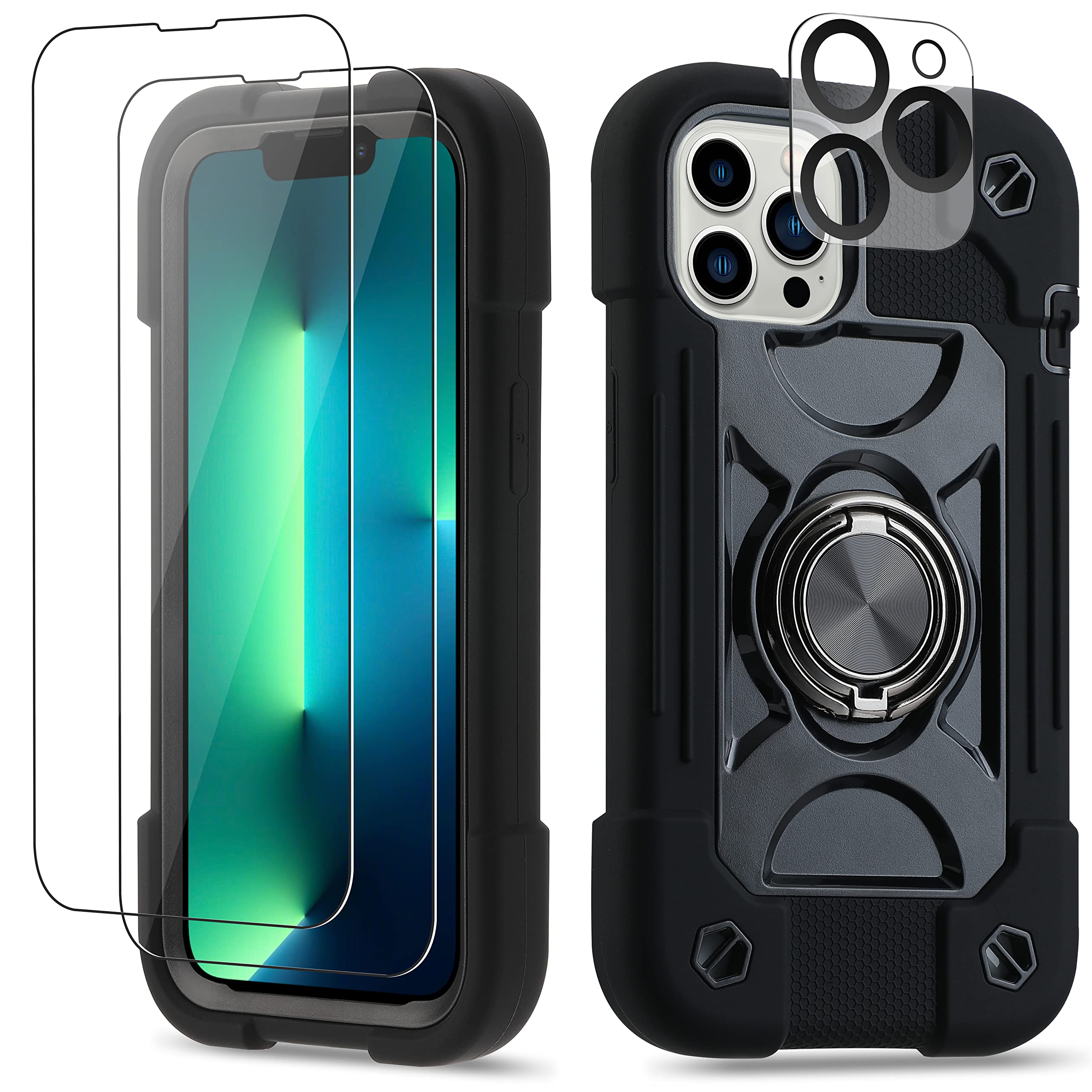 Premium Shockproof iPhone 13 Pro Max Case 6.7 Inch with Ring Stand - Includes 2 Pack Tempered Glass Screen Protector + Camera Lens Protector | Heavy Duty Protective Cover for iPhone 13 Pro Max (Black) | Perfect for Outdoor Activities, Travel & Daily Use