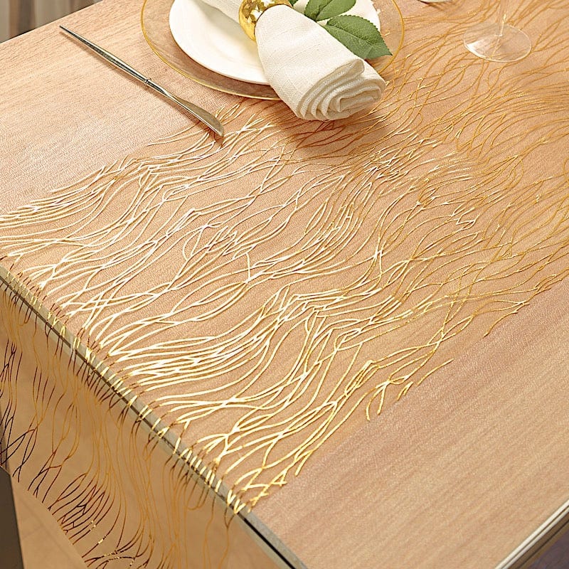 5 Elegant Organza Table Runners with Metallic Foil Wave Design - Perfect for Weddings, Parties, and Holiday Decorations