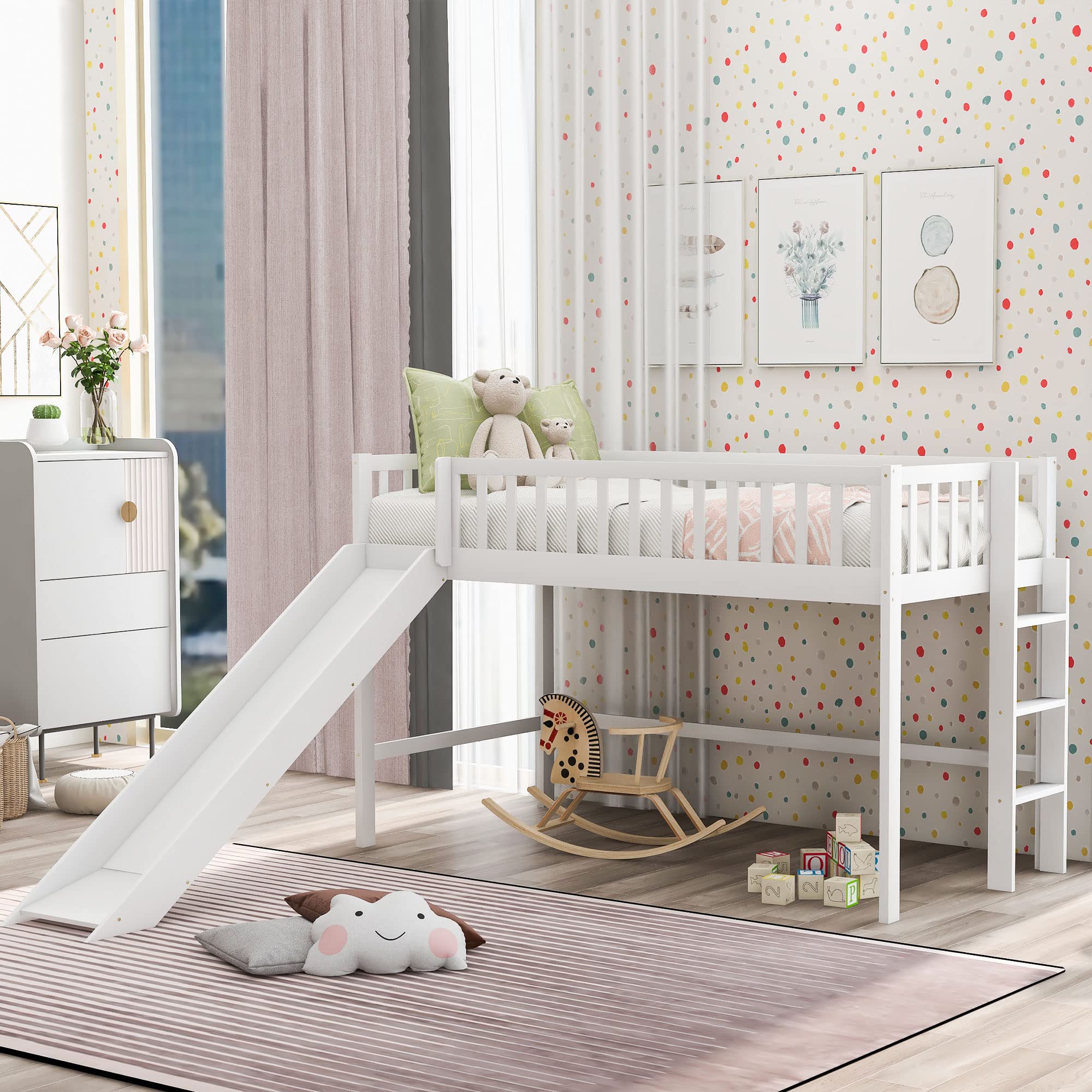 Bellemave Twin Size Wooden Loft Bed with Ladder & Slide - Kids Loft Bed with Safety Rails & Storage Space - Perfect for Small Bedrooms & Playrooms (White)
