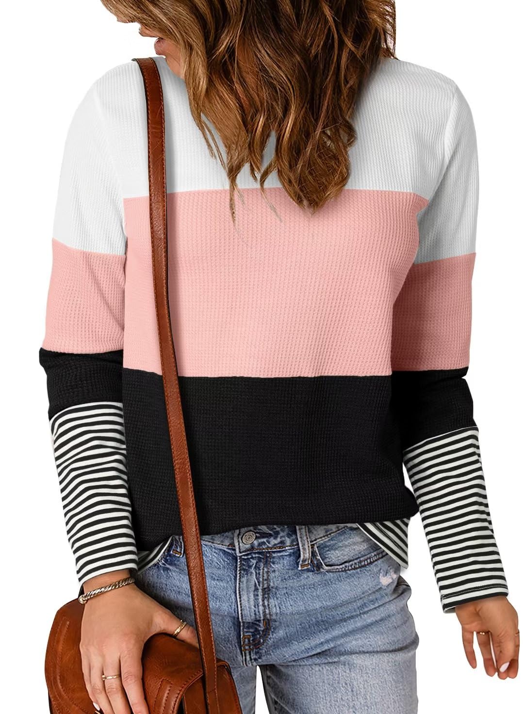 Dokotoo Women's Casual Long Sleeve Crewneck Pullover Sweater - Color Block Striped Waffle Knit Top for Fall | Perfect for Office Wear, Weekend Outings & Layering