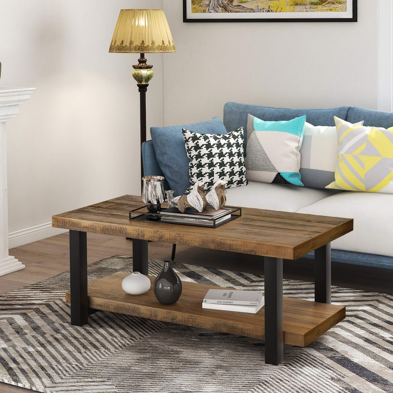 VEAREAR Rustic Coffee Table with Storage Shelf - Easy Assembly for Living Room & Lounge