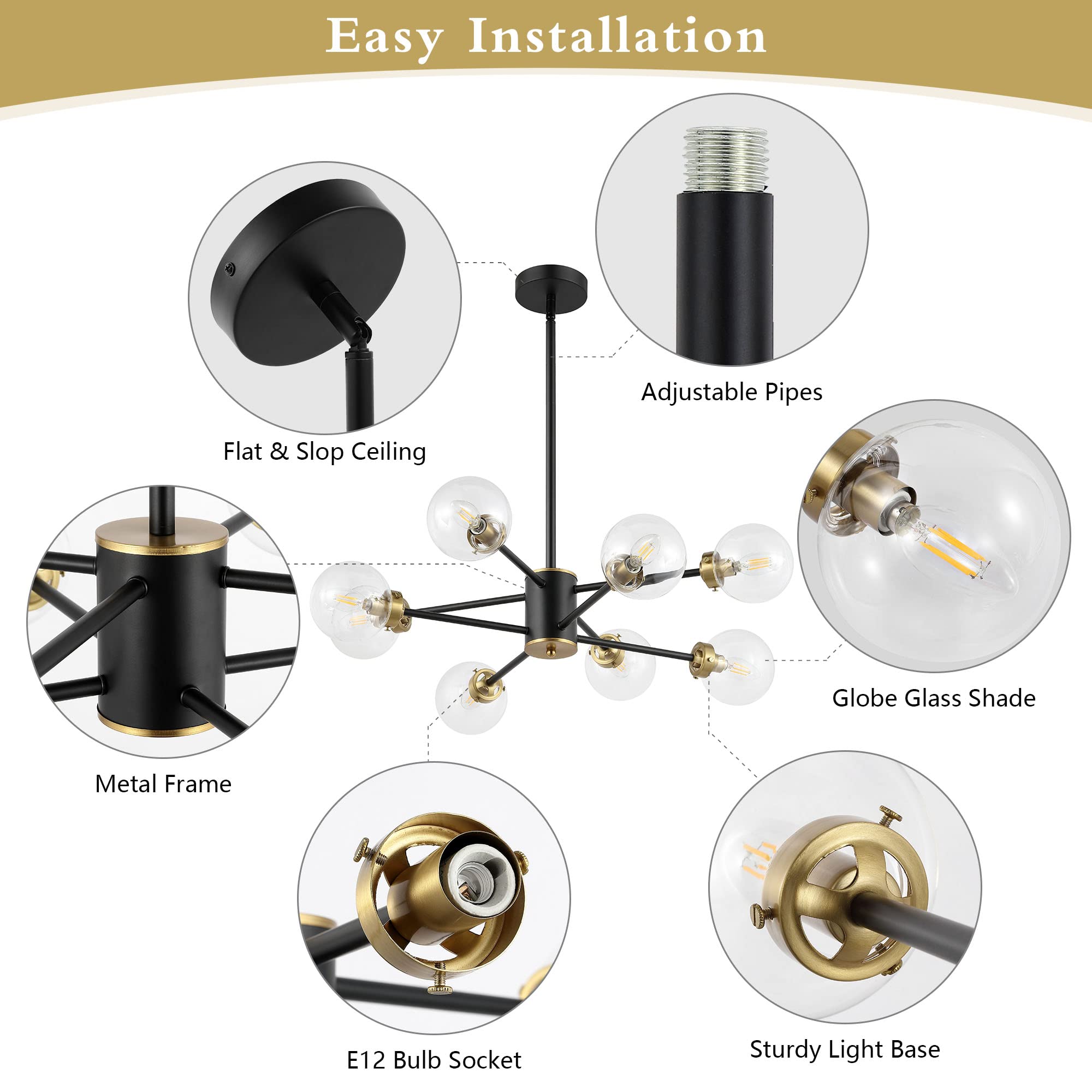 WINGBO 8-Light Sputnik Chandelier - Modern Adjustable Pendant Light Fixture with 4.7