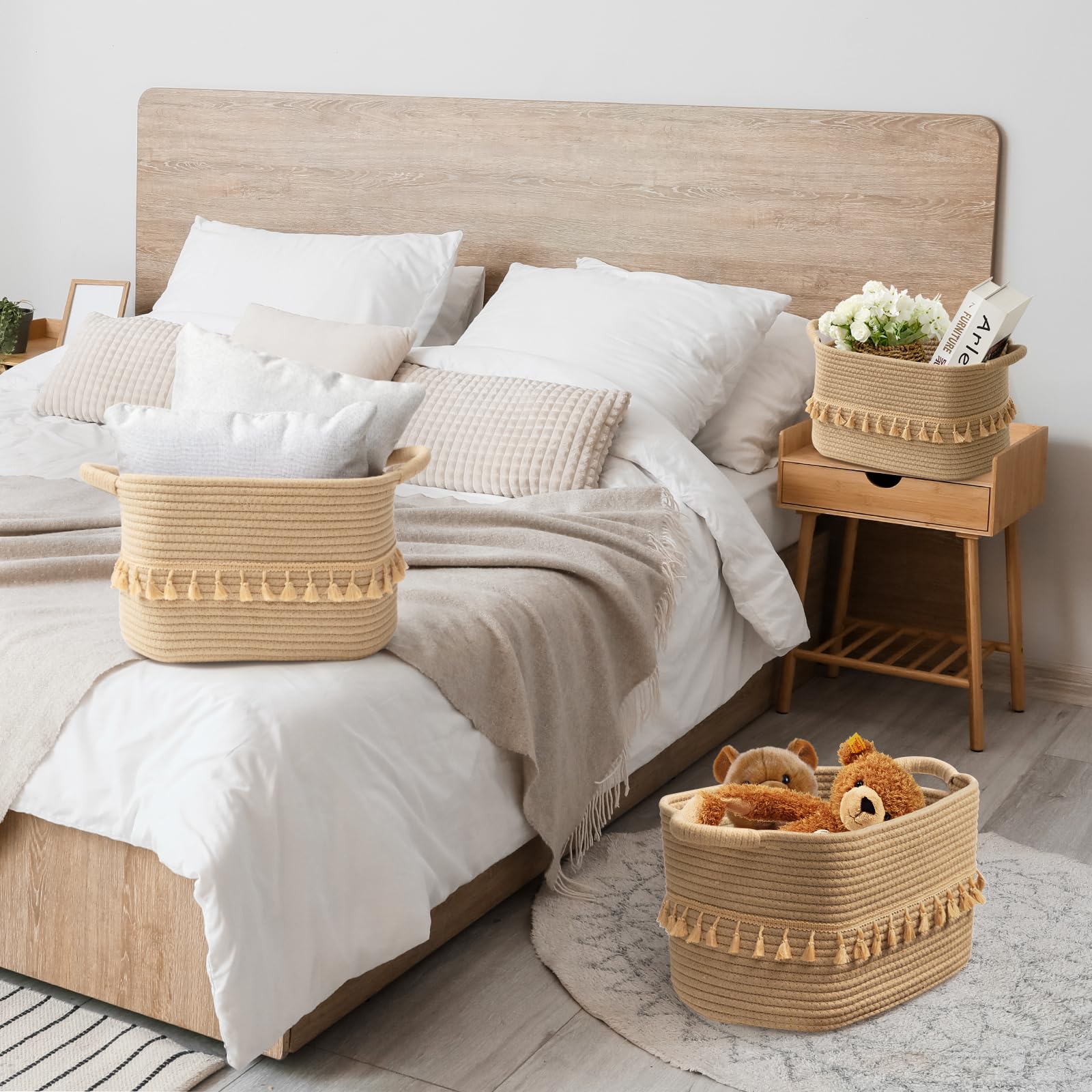 3-Pack TeoKJ Cotton Rope Storage Baskets - Organizer for Toys, Clothes & Blankets - Decorative Woven Jute Bins for Living Room, Nursery, Bathroom - Perfect for Home Organization & Stylish Storage Solutions