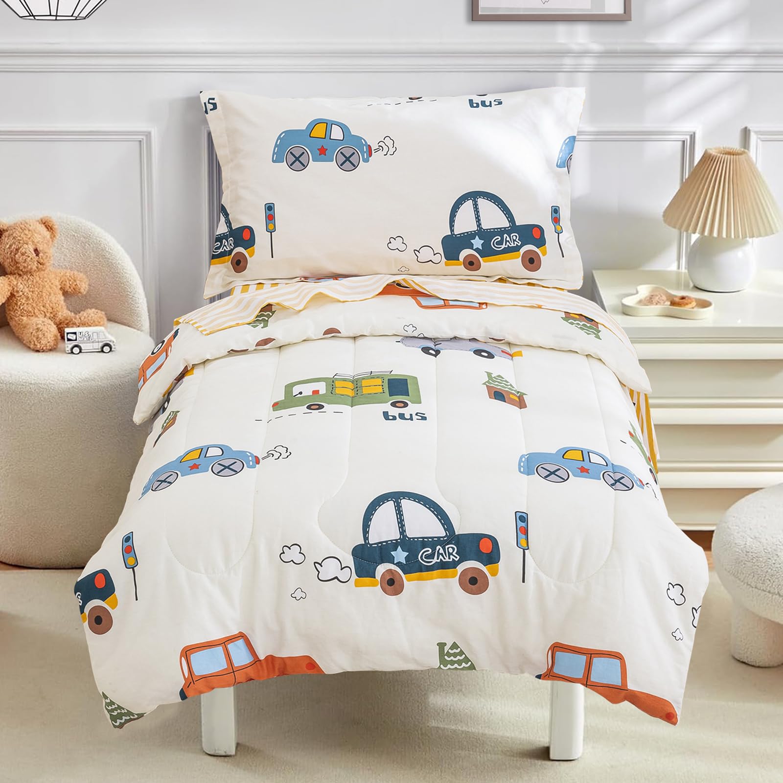 WONGS BEDDING Cars Toddler Bedding Set - 100% Cotton Soft Reversible Crib Bedding for Boys & Girls (4-Piece Set with Comforter, Flat Sheet, Fitted Sheet & Pillowcase) - Perfect for Nursery, Daycare & Toddler Rooms
