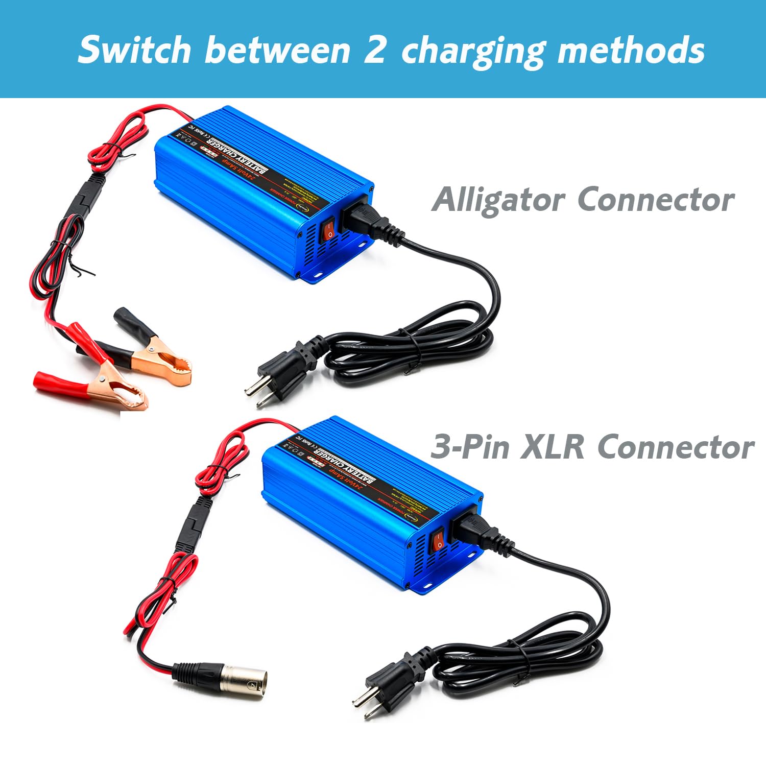 Unocho 24V Smart Automatic Battery Charger - 5A Car Battery Maintainer with Trickle Charge, 3-Pin XLR & Alligator Clips, I/O Switch - Perfect for Cars, Motorcycles, Boats & RVs