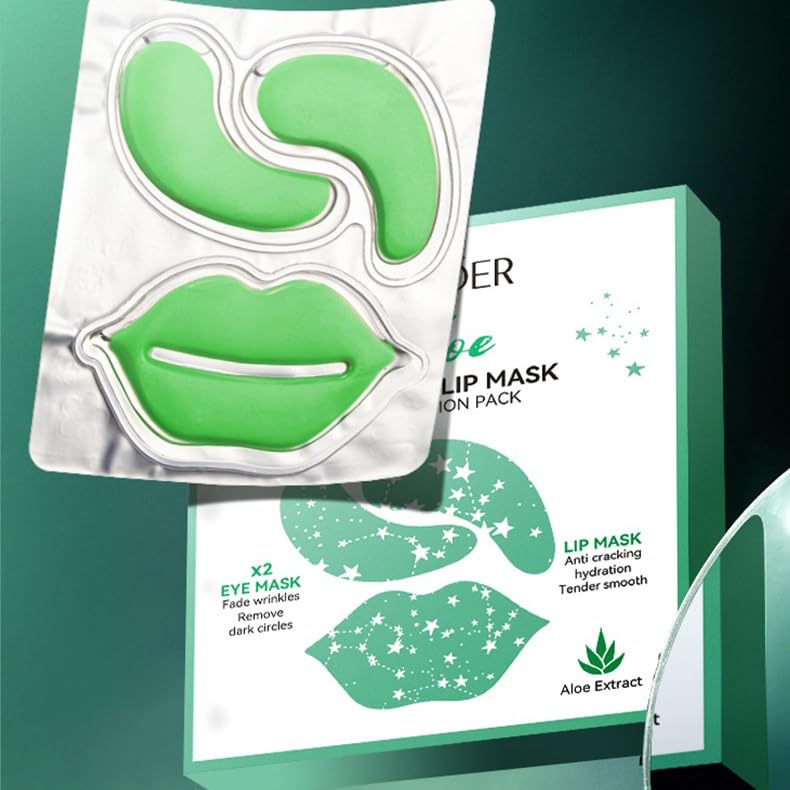 Aloe Vera Collagen Soothing Eye Mask & Moisturizing Lip Mask Set - 10 Pairs (9g Each) for Dark Circles, Wrinkles & Dry Lips - Perfect for Spa Night, Travel & Self-Care Routine