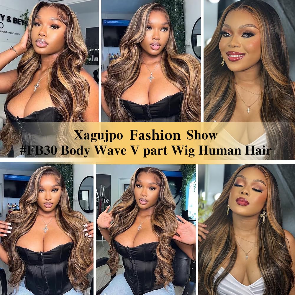 Xagujpo 26inch Body Wave V Part Human Hair Wig - No Sew #FB30 Ombre Brown U Part Wig with 180% Density - Highlighted Human Hair Wigs for Women | Perfect for Daily Wear, Parties & Special Occasions