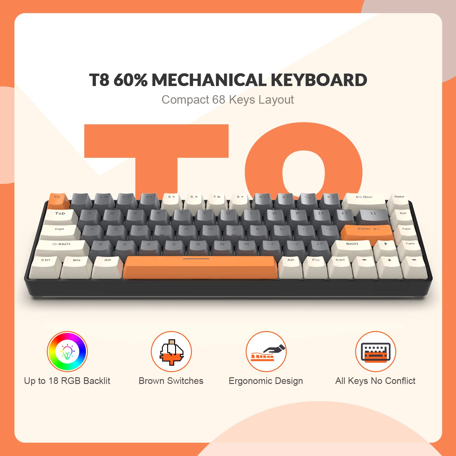 YINDIAO T8 60% Mechanical Gaming Keyboard, 68 Keys TKL Compact Layout, 18 RGB Backlit Modes, Light Clicky Brown Switches, Anti-Ghosting, USB-C Coiled Cable for PC, Mac, PS4 – Milkshake White | Perfect for Esports, Office Work & Home Gaming Setup
