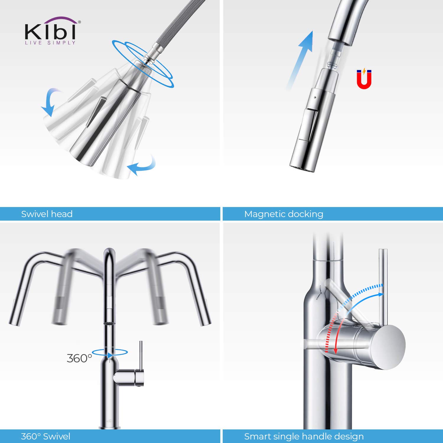 KIBI Macon Single Handle Pull Down Kitchen Faucet with Soap Dispenser - High Arc Spout for Easy Cooking