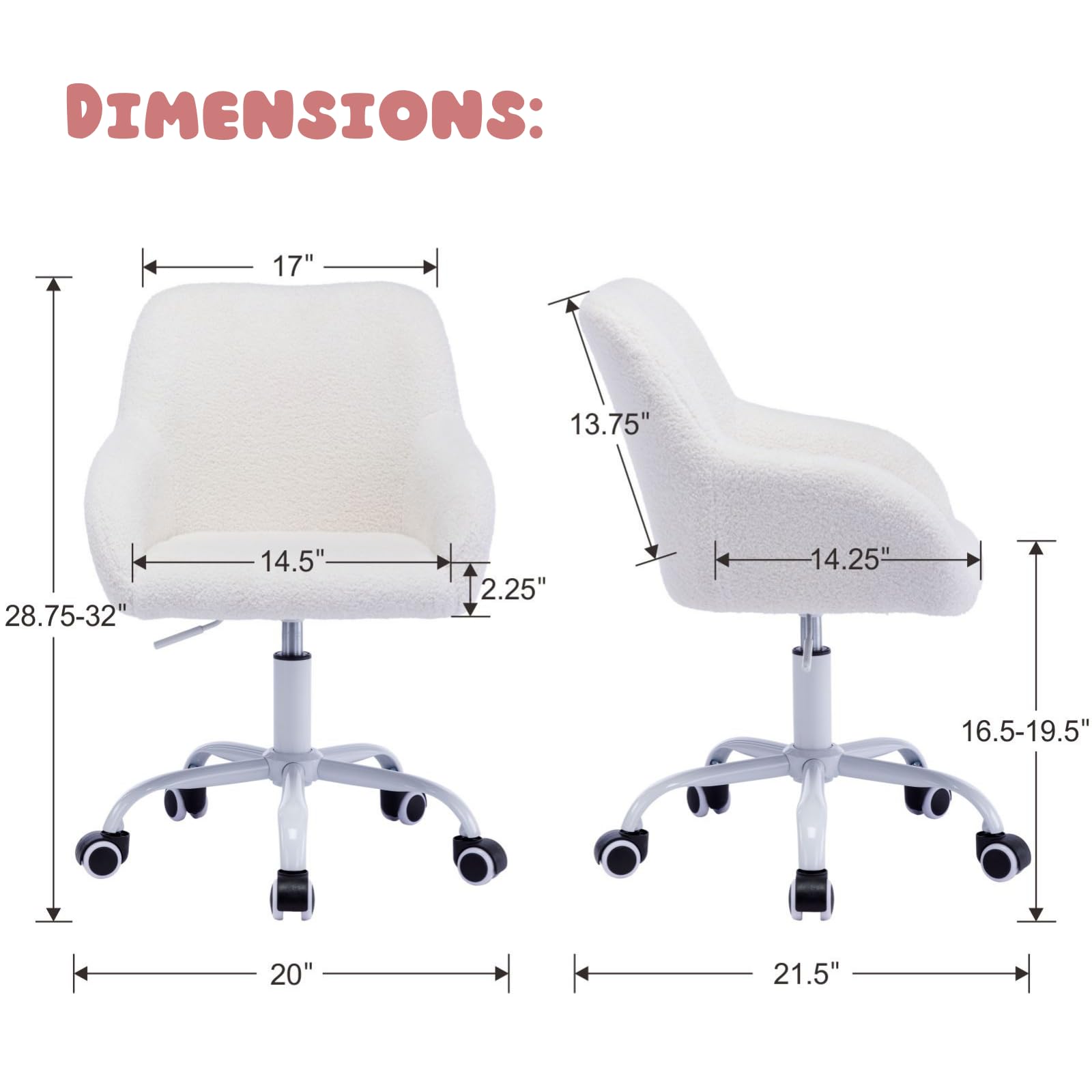 LukeAlon Adjustable Kids Desk Chair - Ergonomic Swivel Study Chair with Sherpa Upholstery & Arms for Children, Girls & Boys - Perfect for Reading, Homework & Computer Use - White