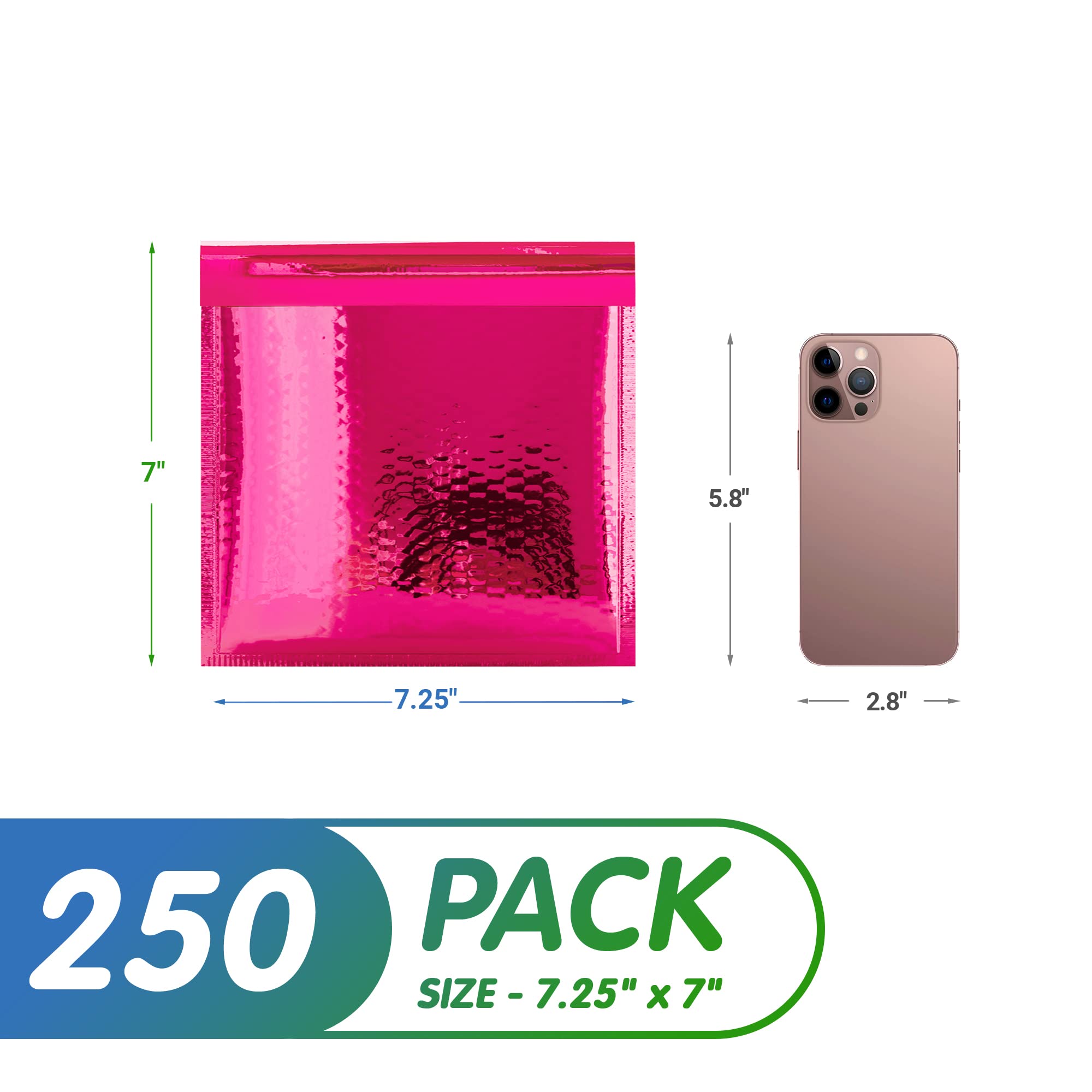 **Hot Pink Metallic Bubble Mailers 7.25 x 7 Inches - 250 Pack Waterproof Padded Envelopes for Shipping, Mailing & Protecting Fragile Items - Perfect for Jewelry, Cosmetics & Gifts**