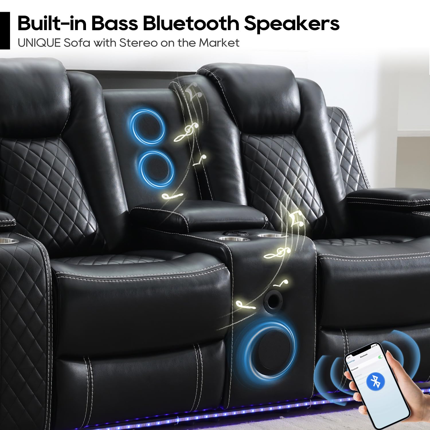 Premium Faux Leather Power Recliner Sofa Set with Bass Speaker & Wireless Charger - 3-Seater Reclining Couch & Loveseat with LED Lights & Reading Light - Modern Home Theater Living Room Furniture (Black) - Perfect for Movie Nights, Gaming, and Family Relaxation