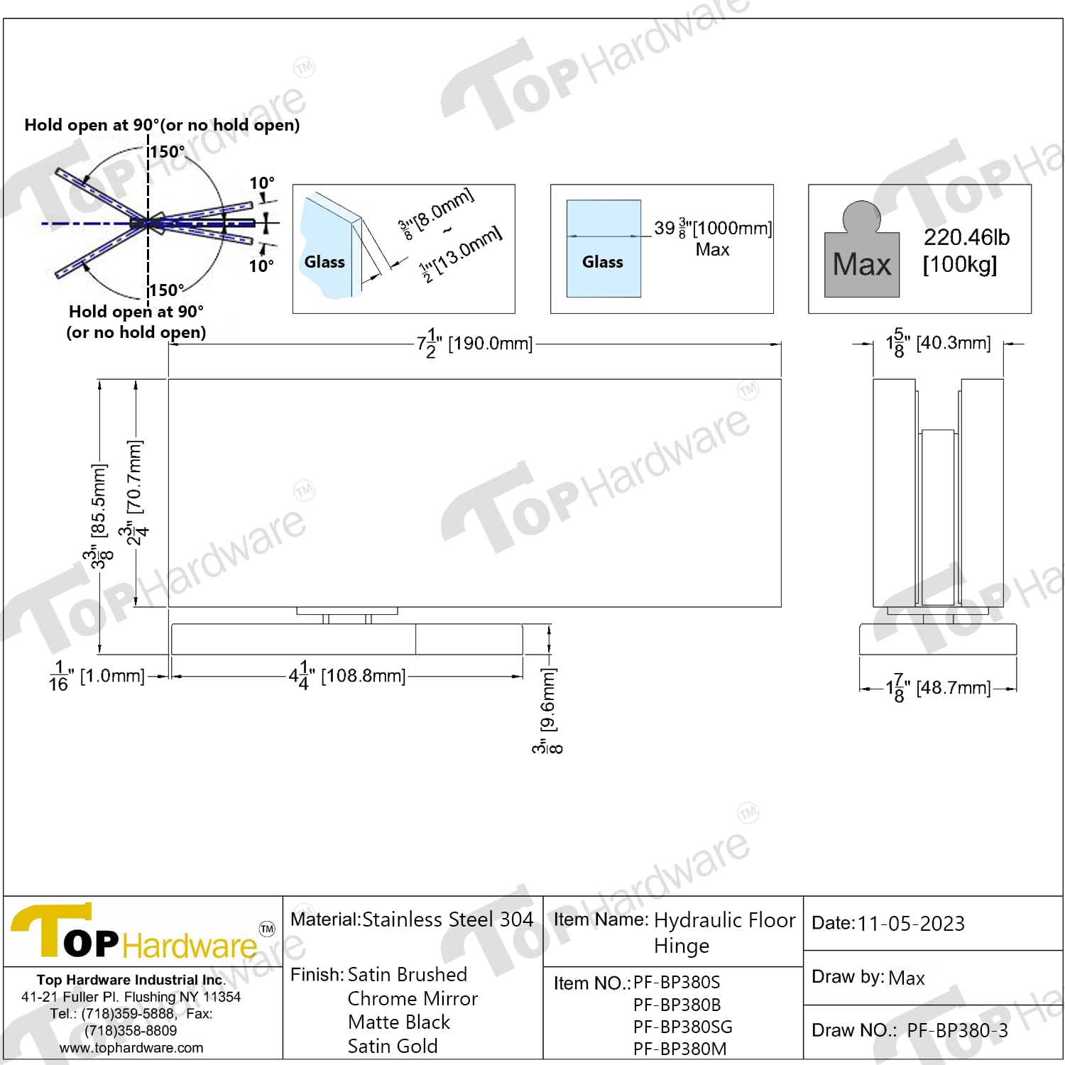 304 Stainless Steel Glass Door Hydraulic Floor Hinge for 1/2