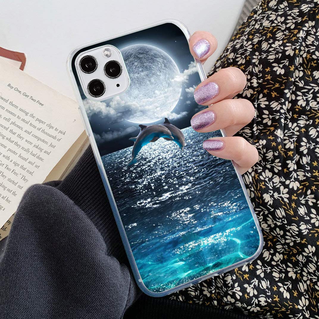Premium Shockproof Clear iPhone 13 Pro Max Case with Moon Sea Dolphins Design - Slim Fit Protective Cover for Everyday Use, Travel & Outdoor Activities