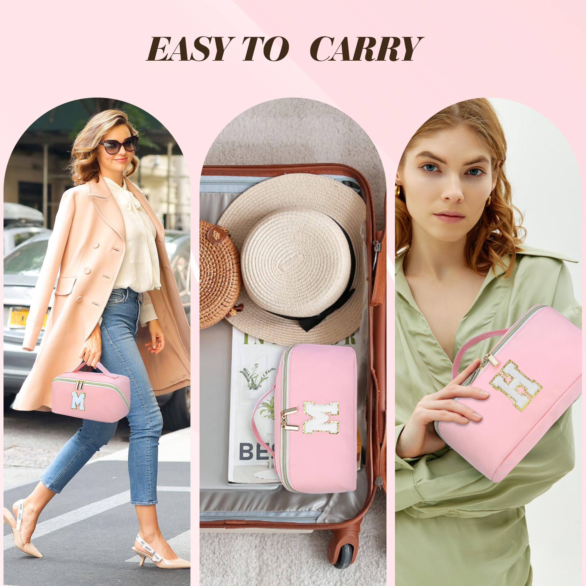 Personalized PU Leather Makeup Bag for Women & Teens - Custom Initial Cosmetic Pouch, Travel Toiletry Organizer - Trendy Birthday & Mother's Day Gift Idea (Pink) - Perfect for Travel, Gym & Daily Skincare Storage