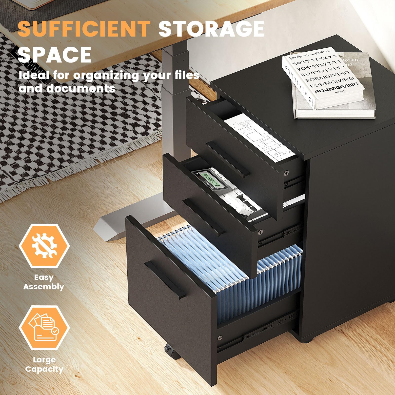VICLLAX 3-Drawer Mobile File Cabinet with Lockable Wheels - Black Under Desk Vertical Storage Organizer for Office, Home & School - Perfect for Documents, Folders & Office Supplies