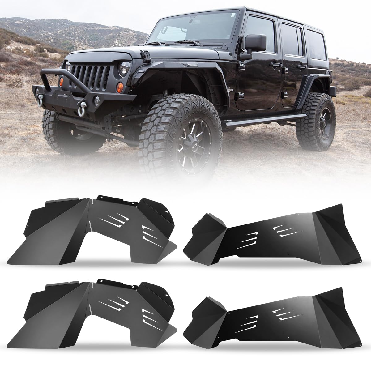 ROXX Front & Rear Inner Fender Liners for Jeep Wrangler JK JKU 2007-2018 (2/4 Door) - Black Aluminum Lightweight Splash Guards - Off-Road Protection - 4-Piece Set - Perfect for Mud, Snow & Trail Adventures