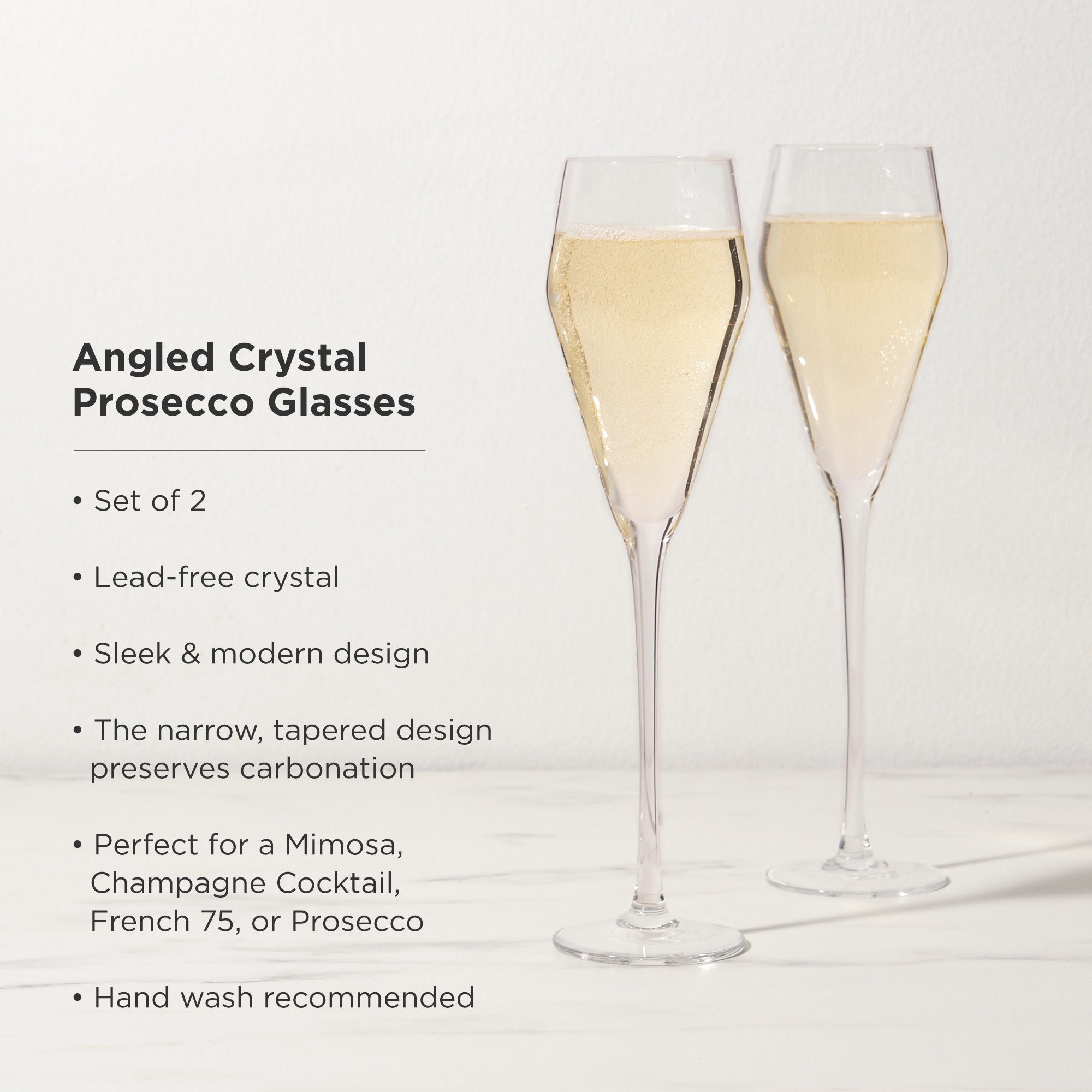 Raye Angled Crystal Prosecco Glasses Set of 2 - Elegant Stemware for Champagne, Cocktails & Celebrations - Perfect for Weddings, Anniversaries & Romantic Dinners