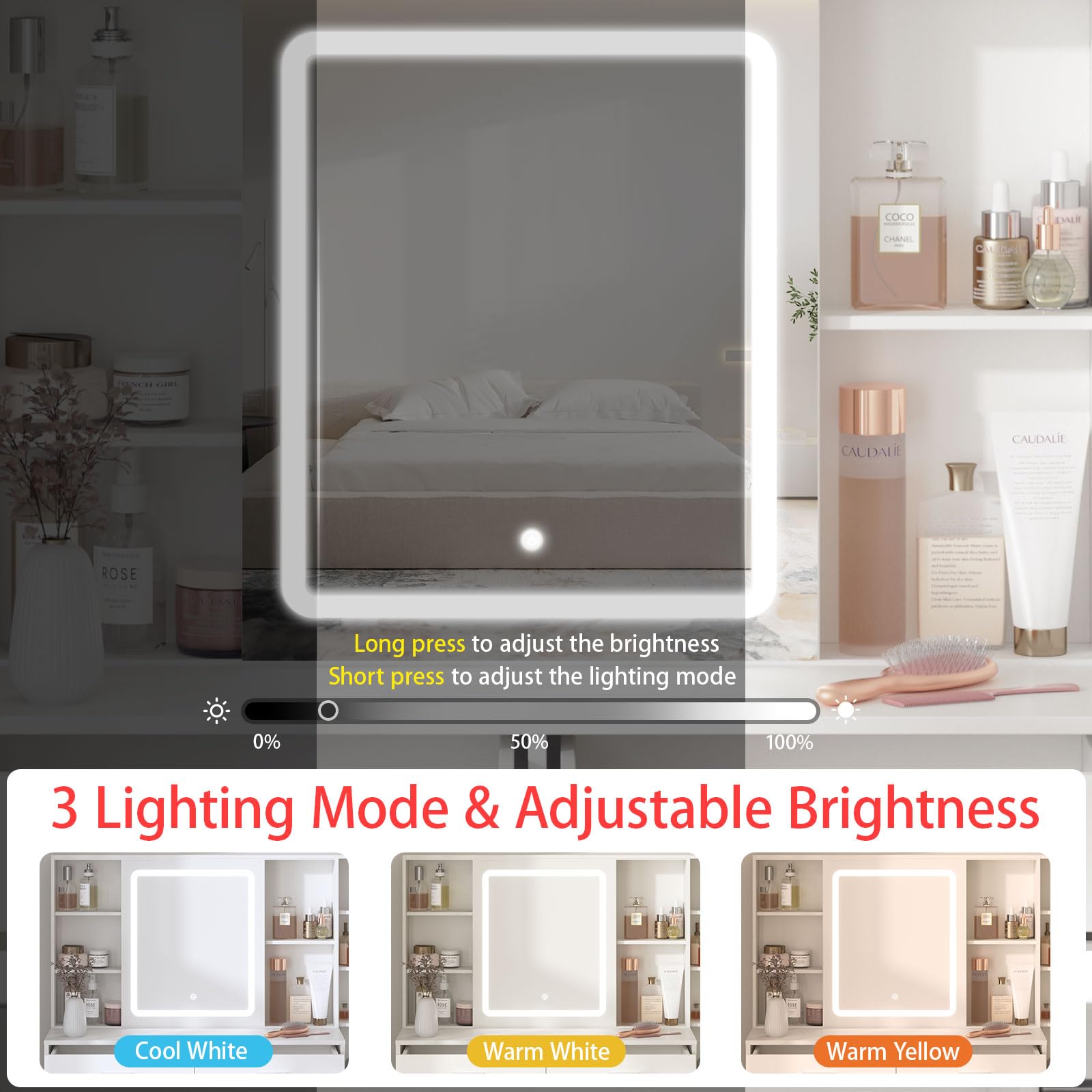 Fameill Makeup Vanity Desk with Sliding Mirror & 3-Color LED Lights, Vanity Table Set with Chair, 5 Drawers & Hooks, USB Charging Station - Perfect for Bedroom, Dressing Room & Home Salon (White)