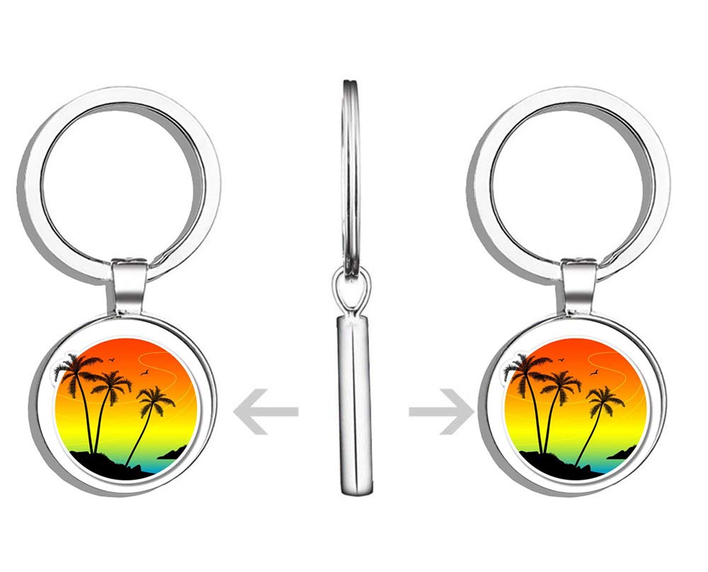 Tropical Sunset Vacation Palm Trees Metal Keychain - Durable Round Key Ring for Beach Lovers, Travel Accessories, Gift Ideas | Perfect for Keys, Bags, and Summer Vacation Essentials